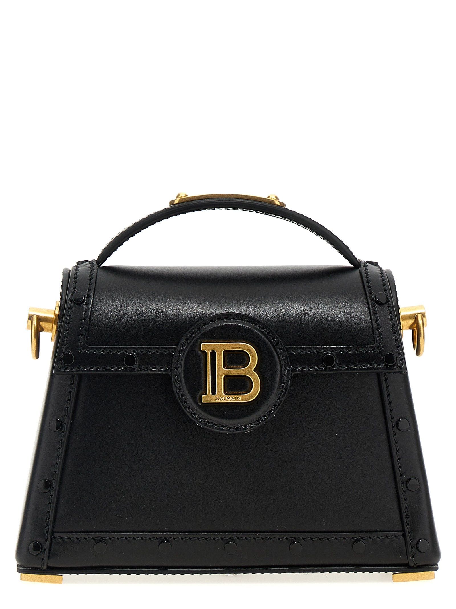 Sac à main en cuir de veau noir Balmain, élégant et sophistiqué, avec détails de luxe visibles sur l'image.