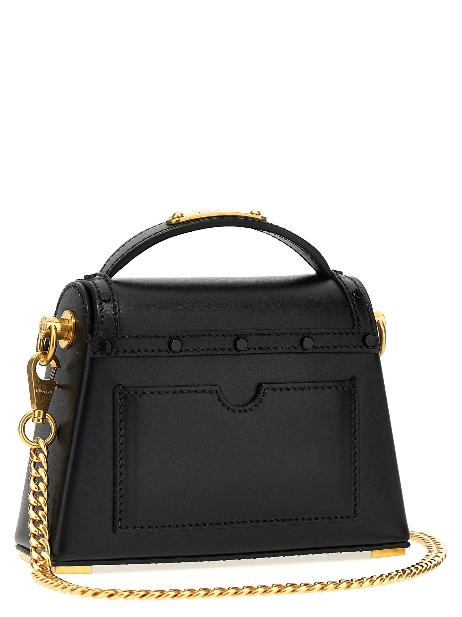 Sac à main Balmain en cuir de veau noir, sac élégant avec détails sophistiqués et finition haut de gamme visible en image.