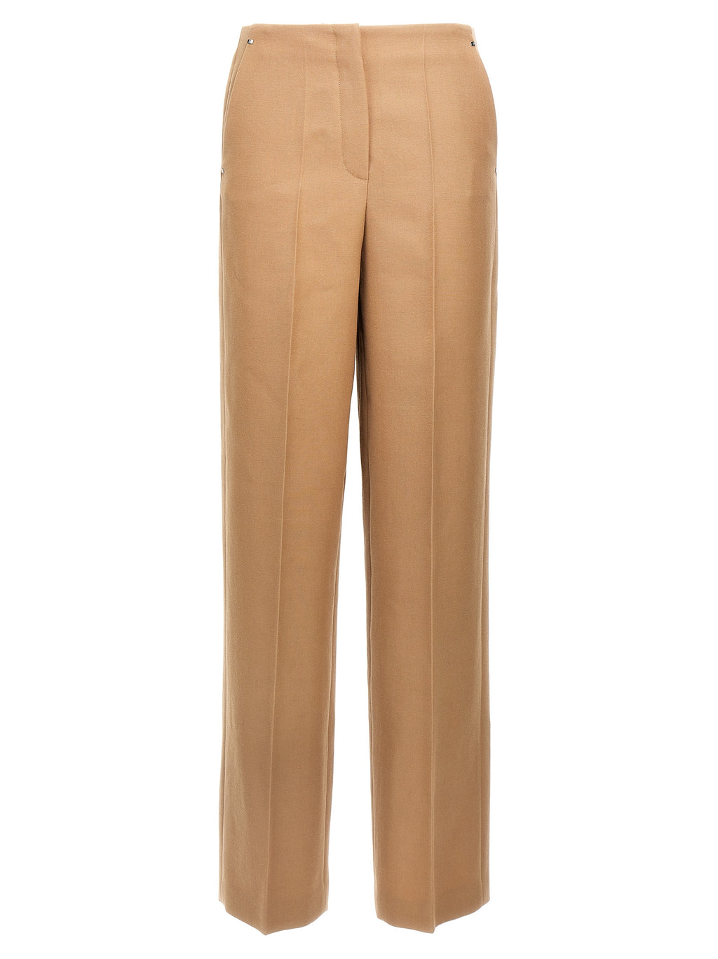 Pantalon beige en laine Fendi pour femme, coupe droite, tissu élégant et texture douce visible sur le vêtement.