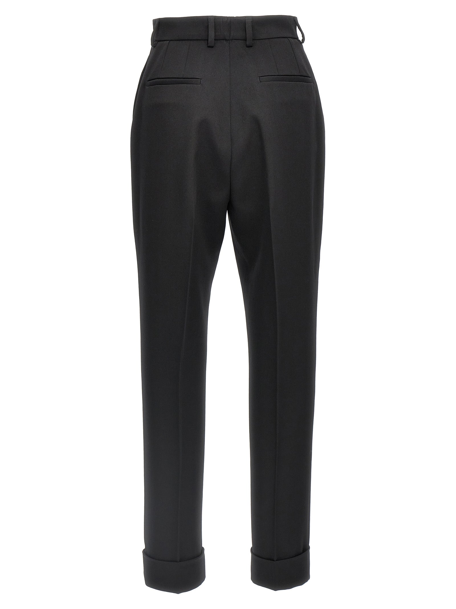 Pantalons de costume noirs en laine vierge Dolce & Gabbana pour homme, coupe élégante et tissu de qualité visible dans l’image.