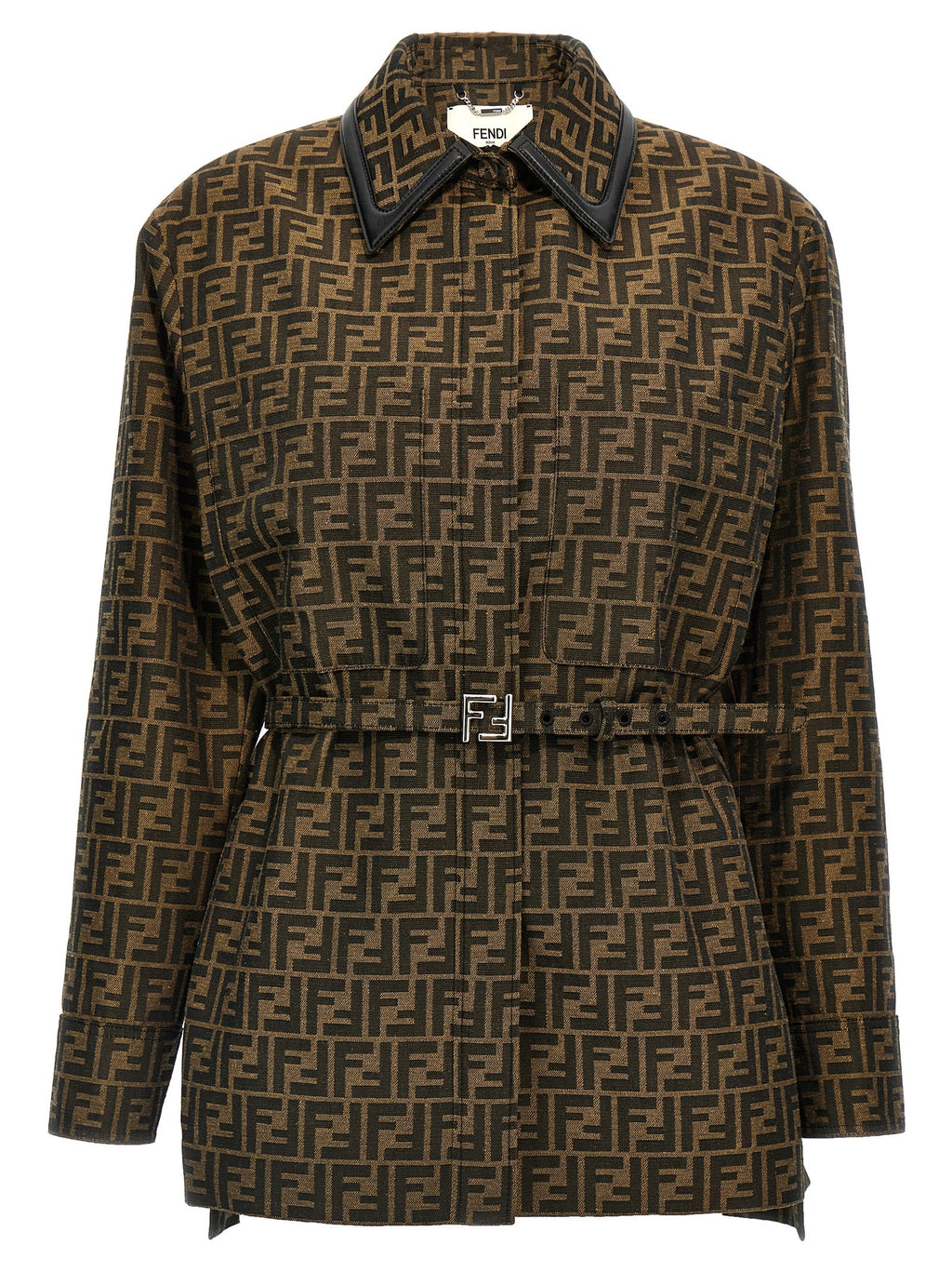 Veste en polyester et cuir marron de Fendi, style élégant, avec détails de couture visibles sur la veste.