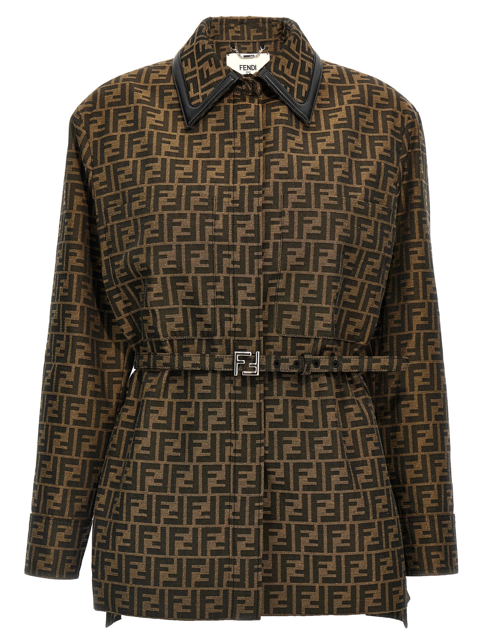 Veste en polyester et cuir marron de Fendi, style élégant, avec détails de couture visibles sur la veste.