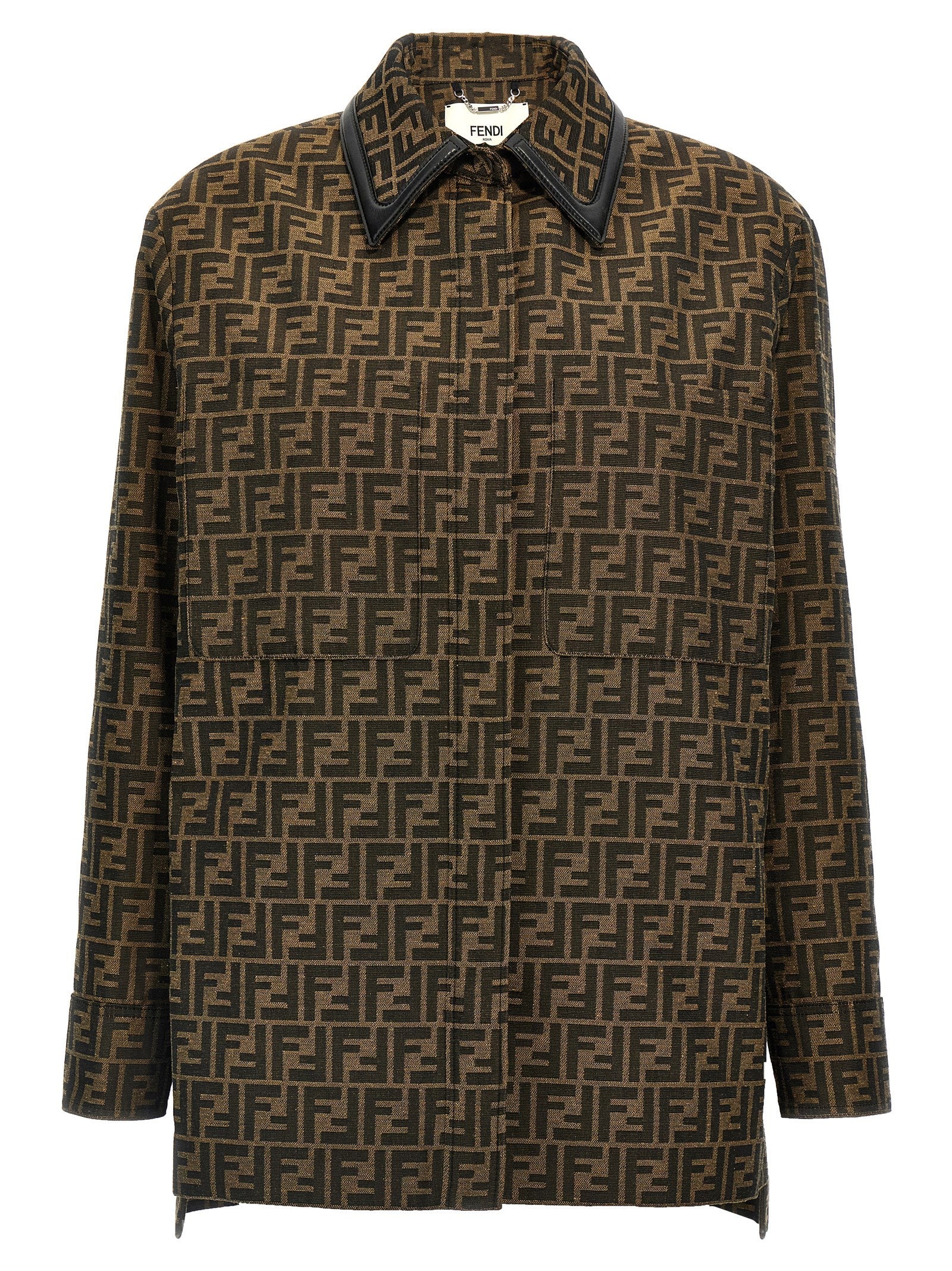Veste en polyester et cuir marron de Fendi, style moderne avec détails élégants, vue de face.