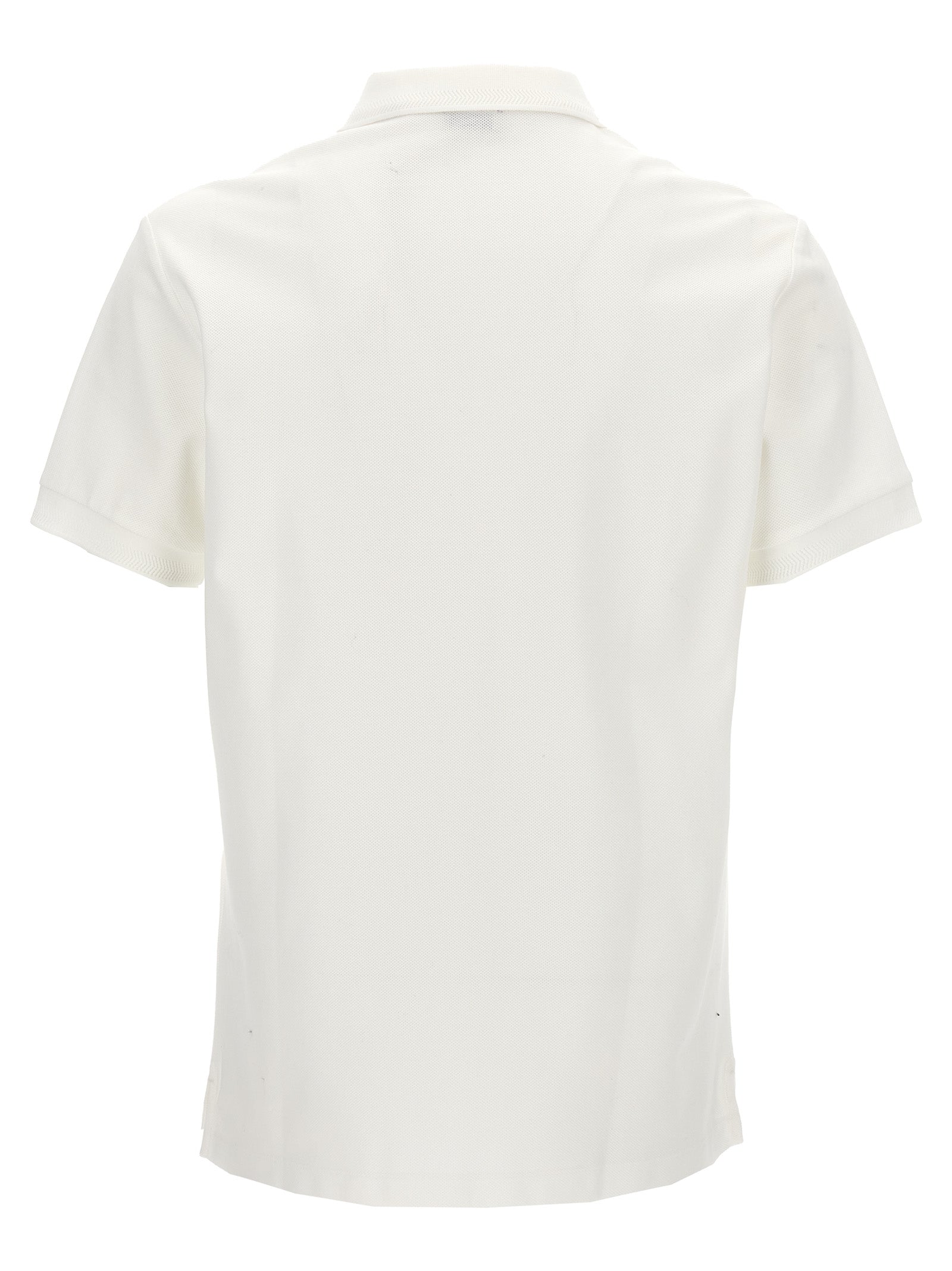 Chemise polo blanche en coton de la marque Burberry, vue de face, avec col classique et logo discret sur la poitrine.