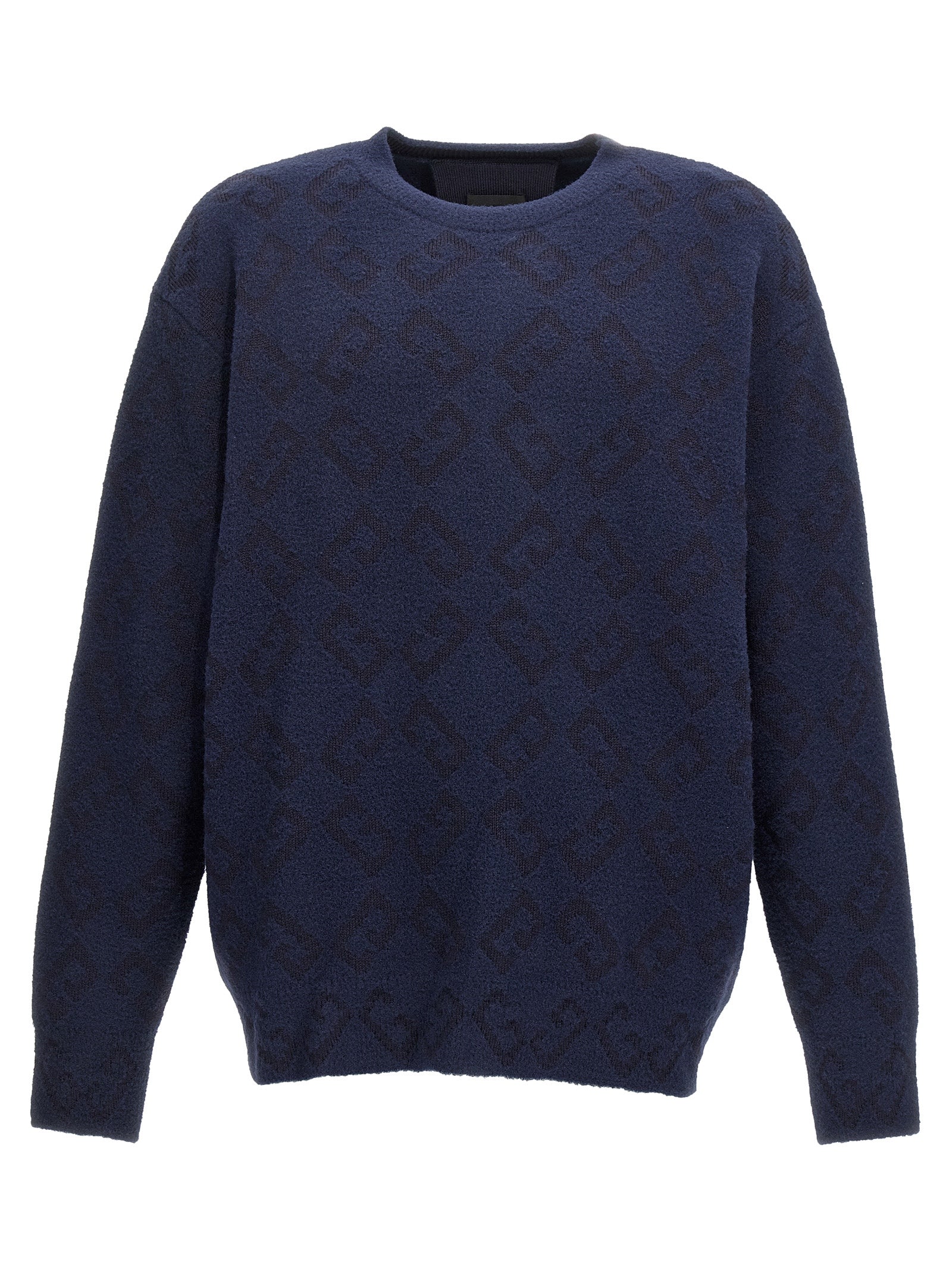 Cardigan en laine bleue Givenchy, vue de face, détails du col et des boutons, tissu doux et élégant.