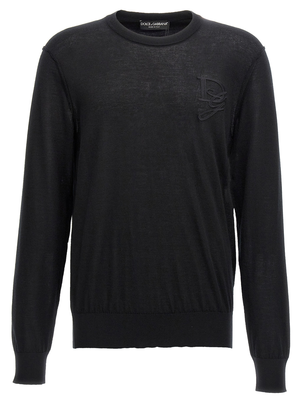 Cardigan en cachemire noir Dolce & Gabbana porté ouvert, avec détails élégants et texture douce visible sur l'image.