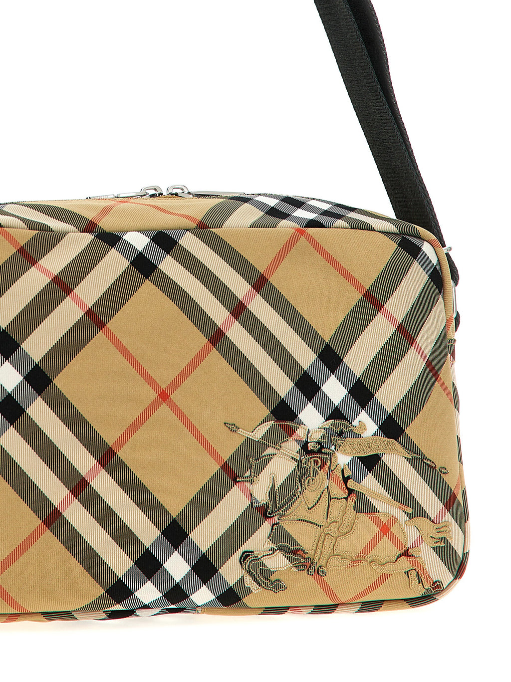 Sac bandoulière beige en polyester de la marque Burberry, avec logo emblématique visible et détails élégants.