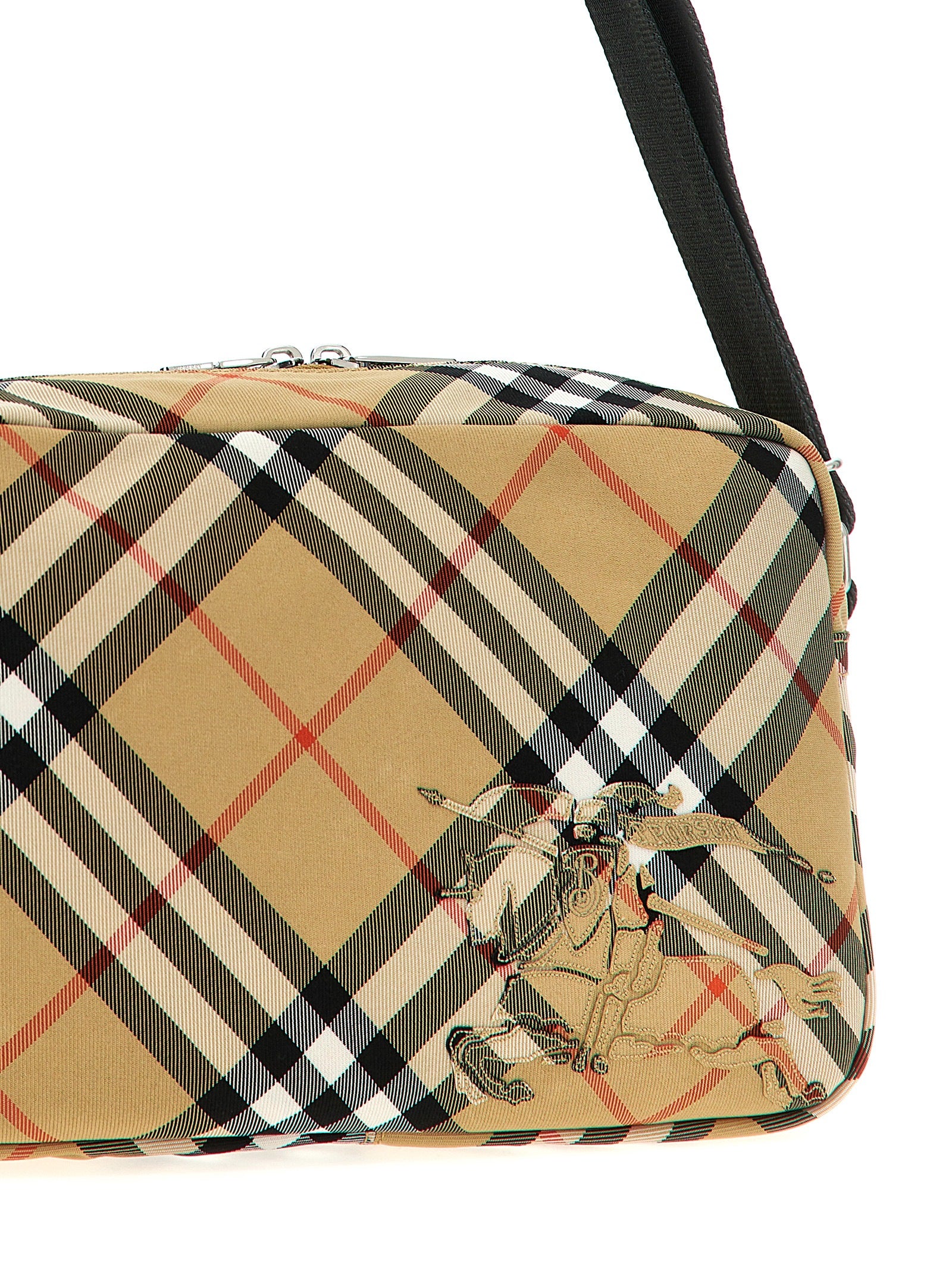 Sac bandoulière beige en polyester de la marque Burberry, avec logo emblématique visible et détails élégants.