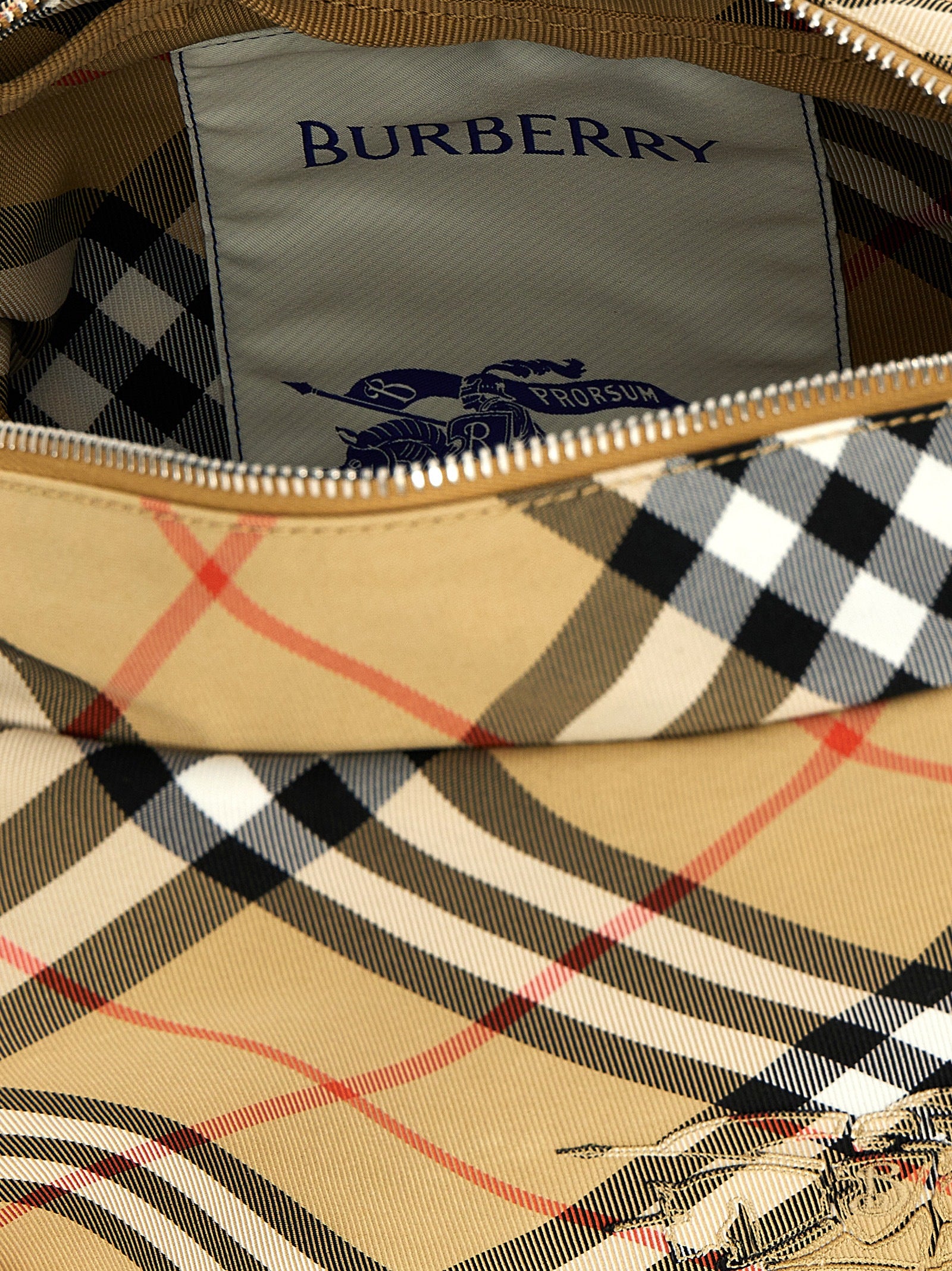 Sac bandoulière en polyester beige de Burberry, avec logo emblématique et détails élégants, pour un style sophistiqué.