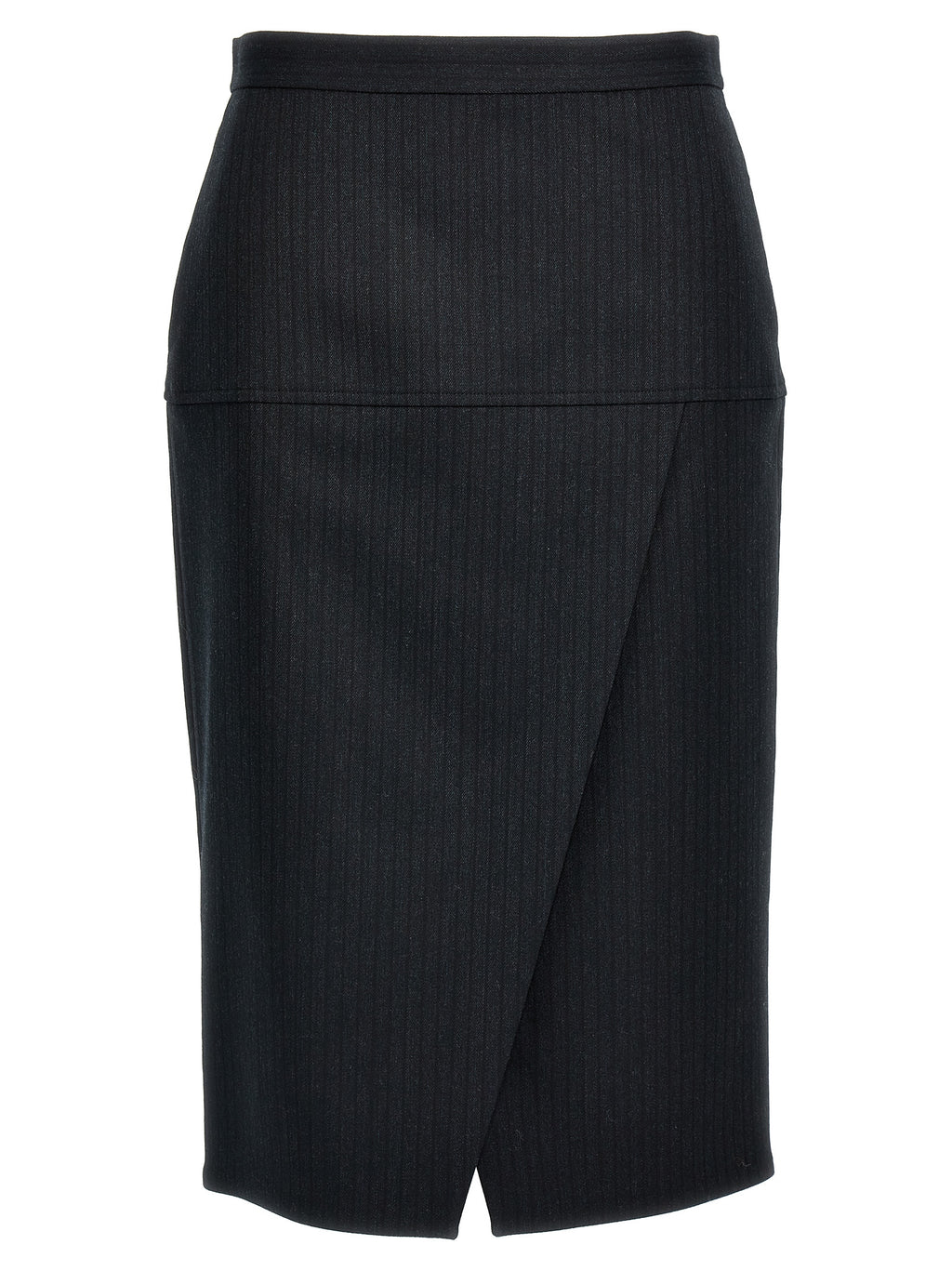 Jupe midi en laine vierge grise de Fendi, élégante et sophistiquée, portée sur un fond neutre.