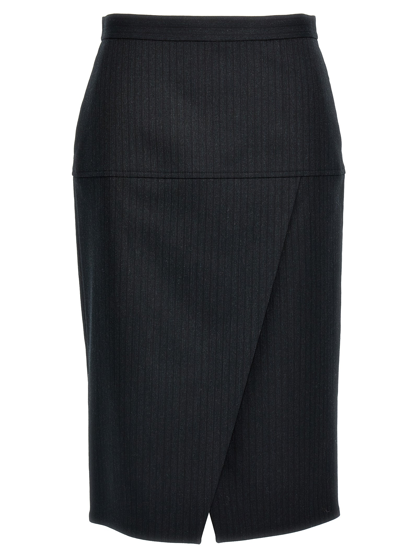 Jupe midi en laine vierge grise de Fendi, élégante et sophistiquée, portée sur un fond neutre.