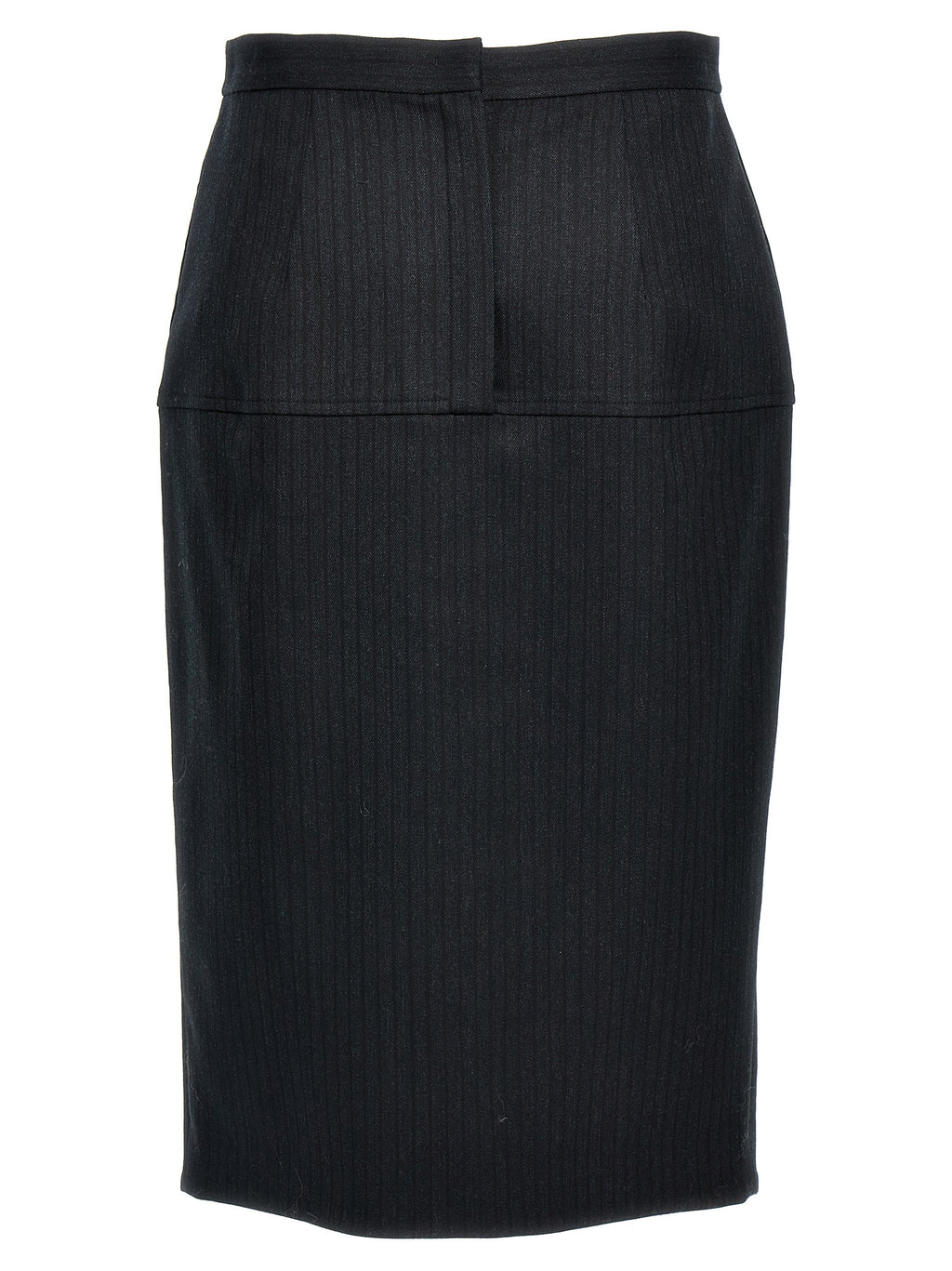 Jupe midi en laine vierge grise de Fendi, élégante et structurée, portée avec un style sophistiqué dans une image de mode.