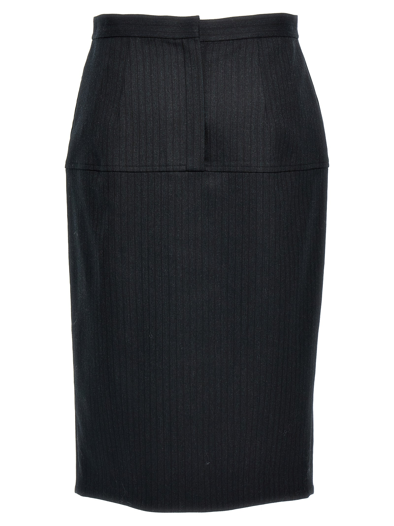 Jupe midi en laine vierge grise de Fendi, élégante et structurée, portée avec un style sophistiqué dans une image de mode.