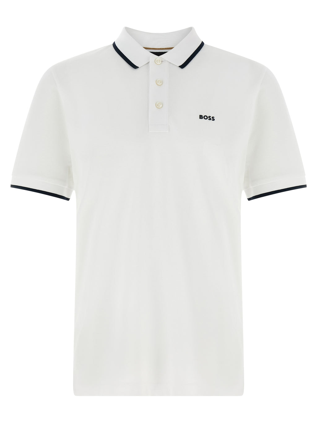 Chemise polo blanche en coton de la marque Hugo Boss, vue de face avec col et boutons visibles.
