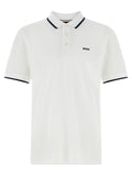 Chemise polo blanche en coton de la marque Hugo Boss, vue de face avec col et boutons visibles.