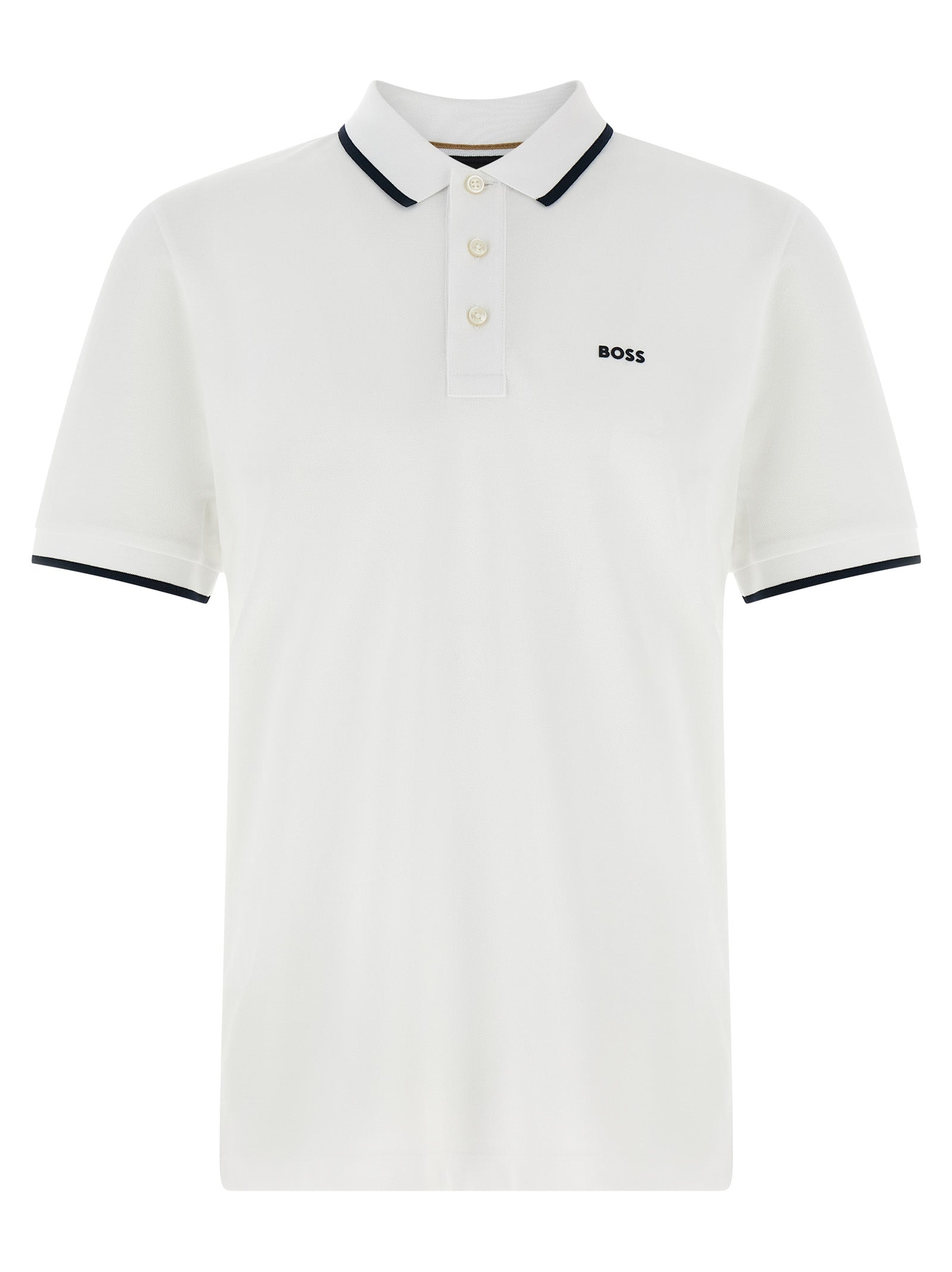 Chemise polo blanche en coton de la marque Hugo Boss, vue de face avec col et boutons visibles.