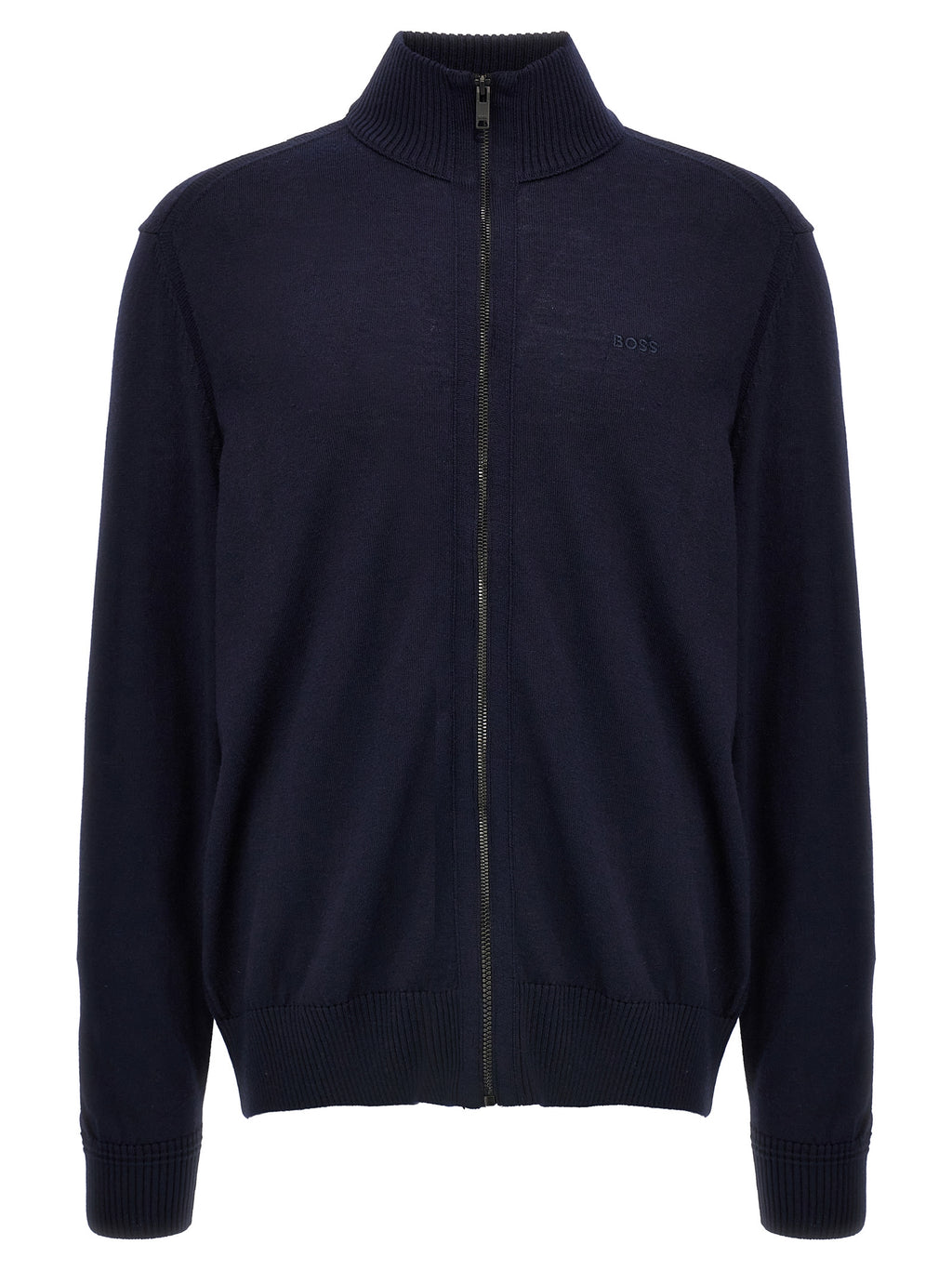 Cardigan en laine bleue de Hugo Boss, à manches longues et col en V, porté sur un modèle.
