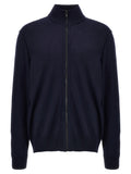 Cardigan en laine bleue de Hugo Boss, à manches longues et col en V, porté sur un modèle.