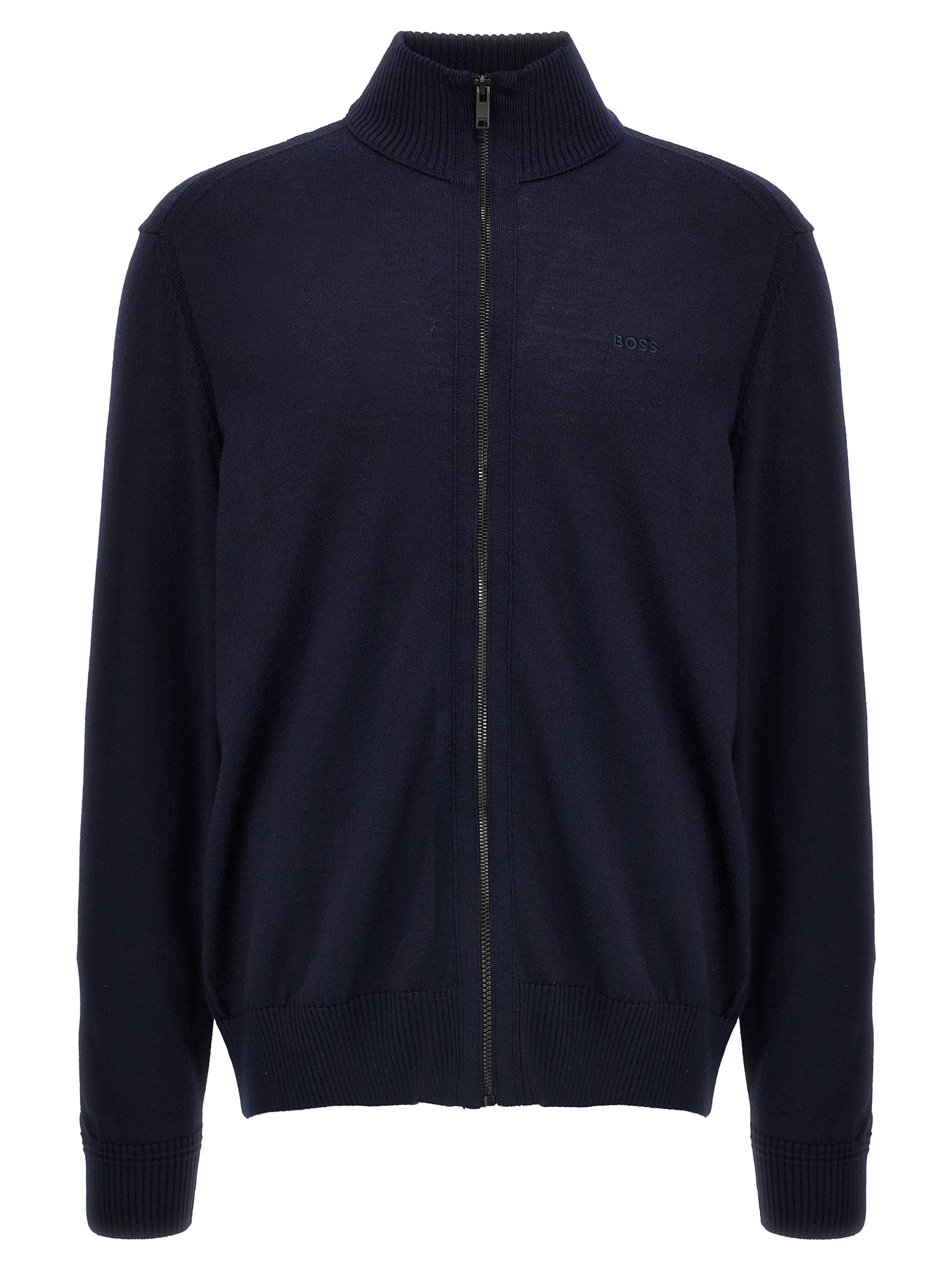 Cardigan en laine bleue de Hugo Boss, à manches longues et col en V, porté sur un modèle.