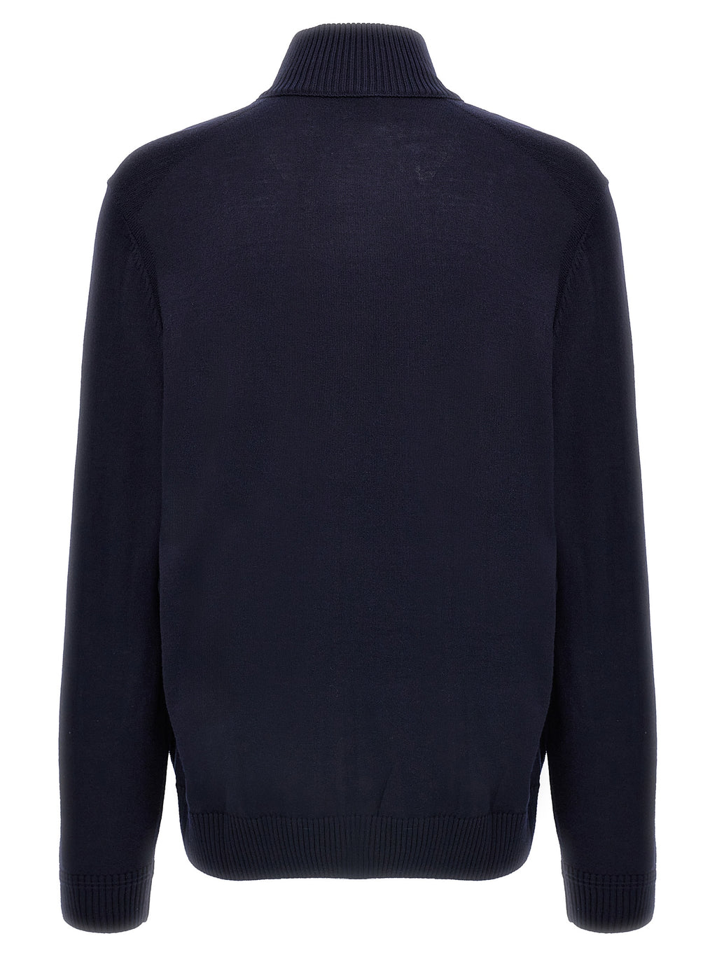 Cardigan en laine bleue de la marque Hugo Boss, porté sur un mannequin, avec col en V et boutons.