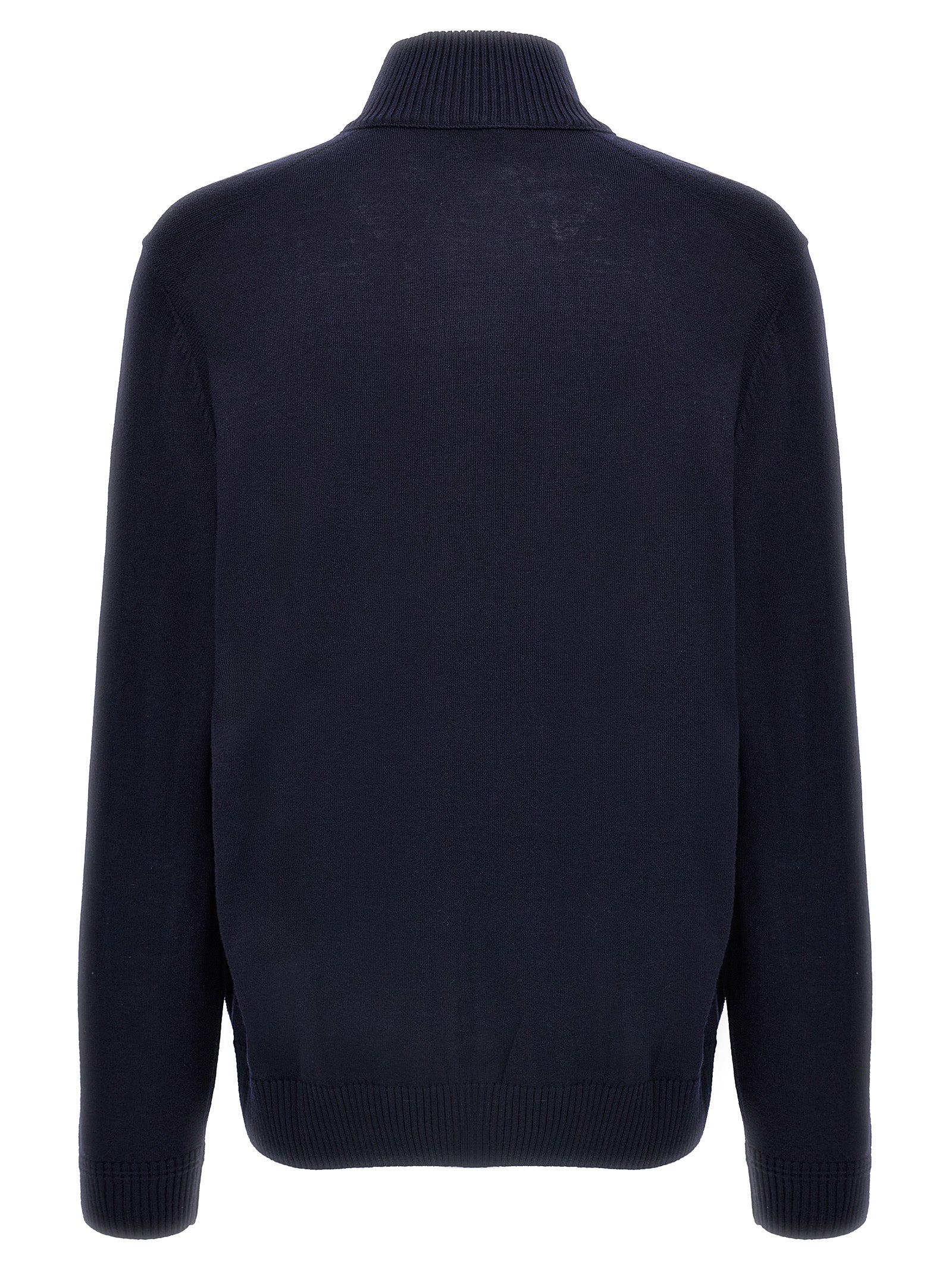 Cardigan en laine bleue de la marque Hugo Boss, porté sur un mannequin, avec col en V et boutons.