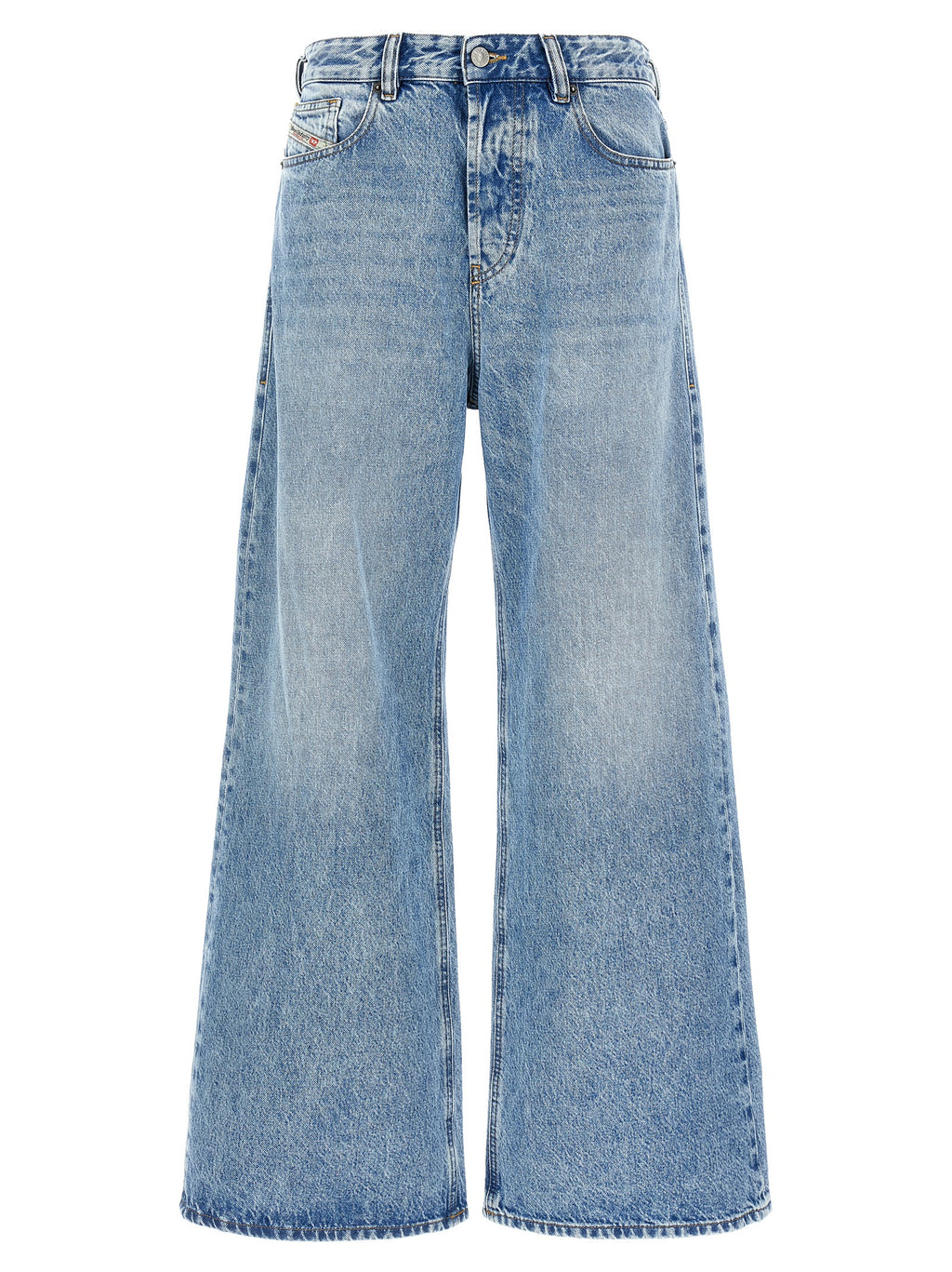 Jeans en denim bleu en coton de la marque Diesel, coupe classique, avec détails de couture visibles sur le tissu.
