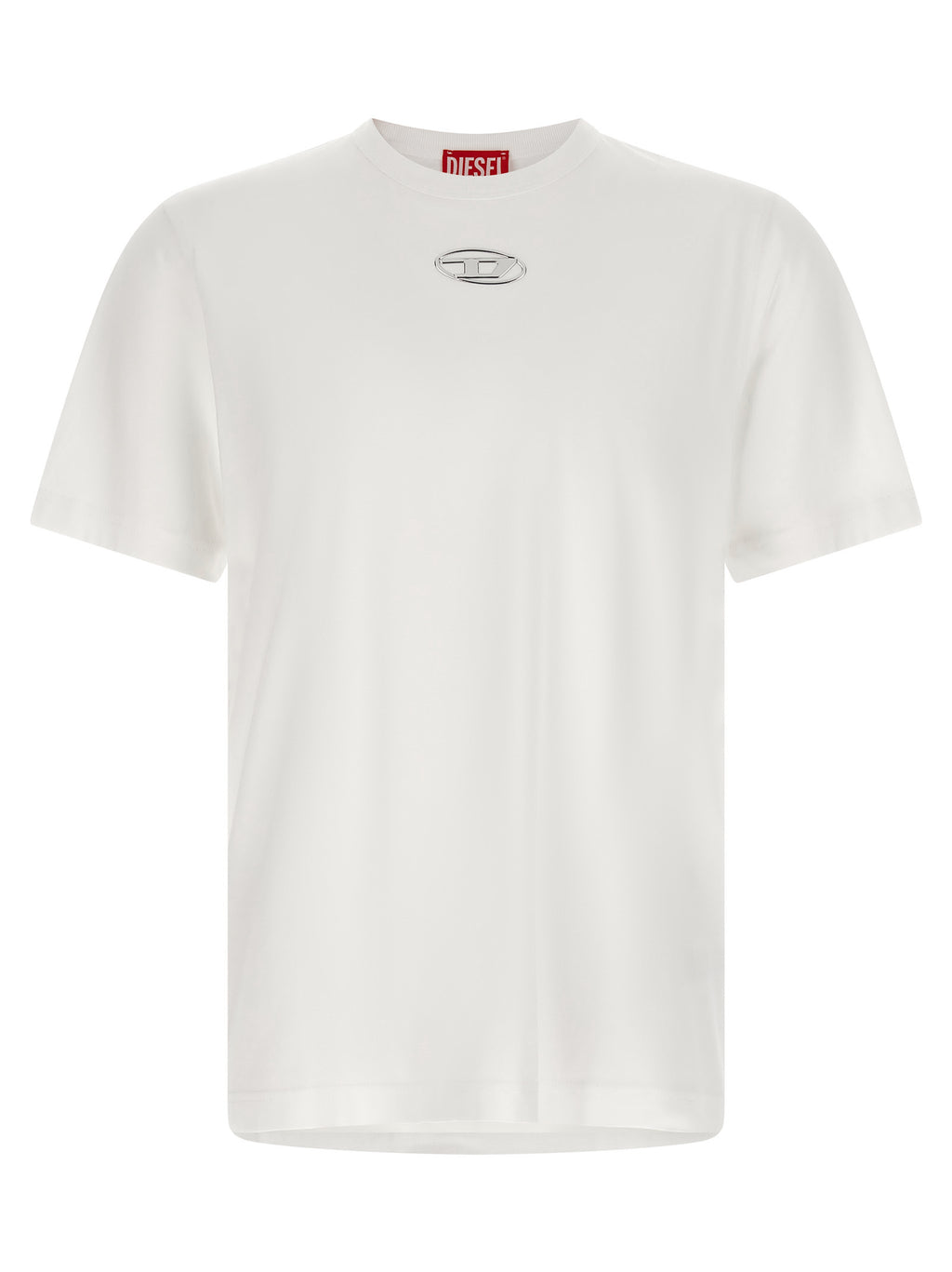 T-shirt en coton blanc Diesel, style décontracté, avec logo Diesel visible, porté sur mannequin.