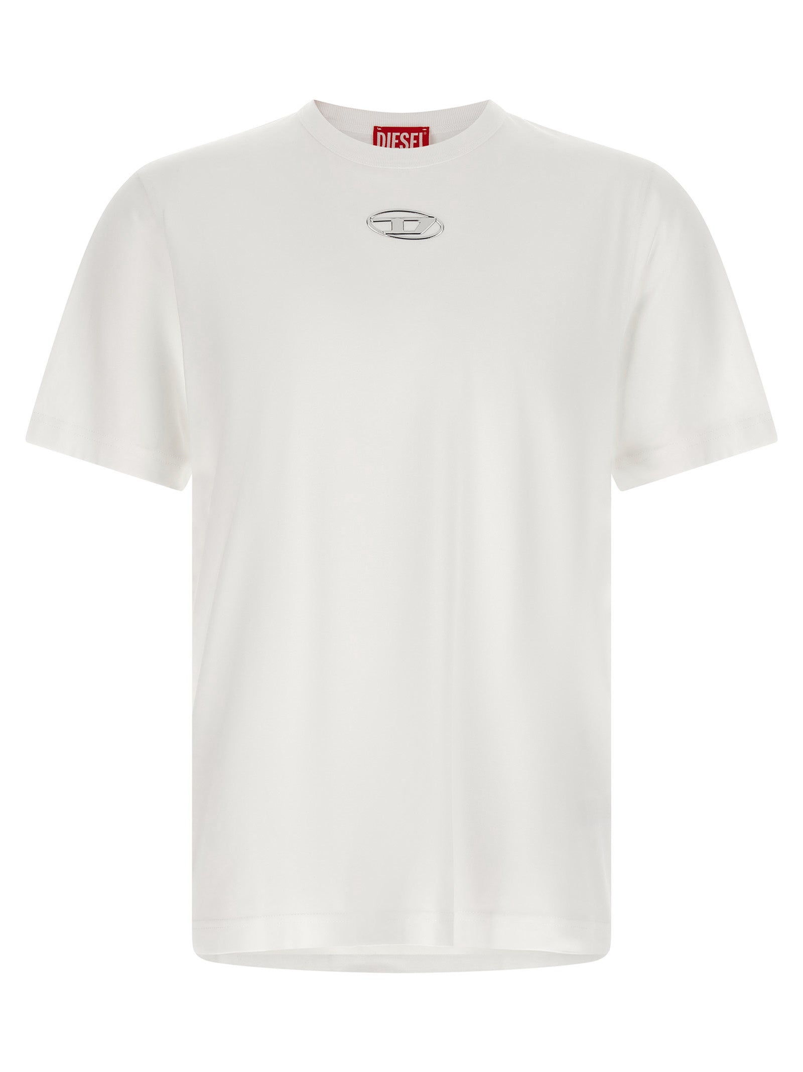 T-shirt en coton blanc Diesel, style décontracté, avec logo Diesel visible, porté sur mannequin.