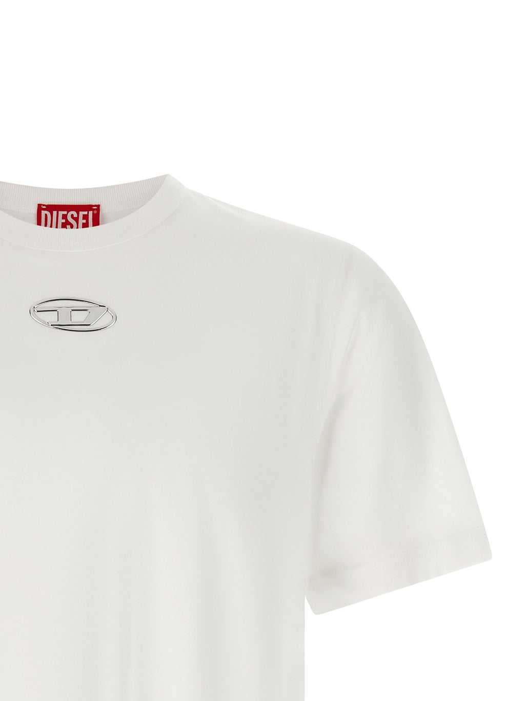 T-shirt blanc en coton Diesel, style décontracté avec logo Diesel sur la poitrine, vue de face.