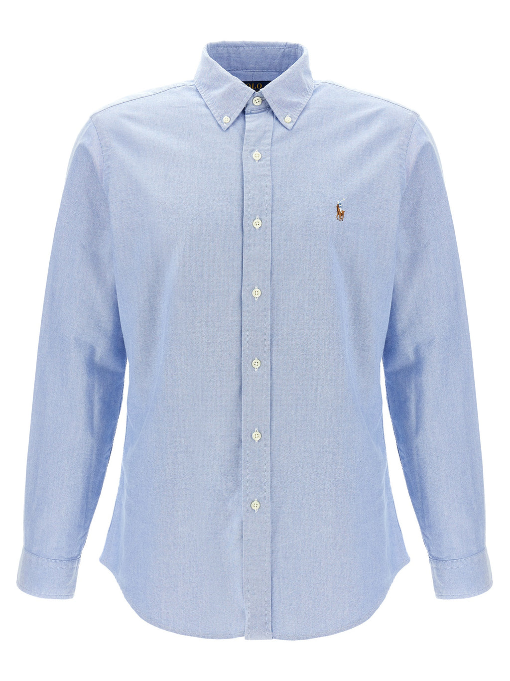 Chemise en coton bleu Polo Ralph Lauren, blouse élégante avec col classique et manches longues, vue de face.