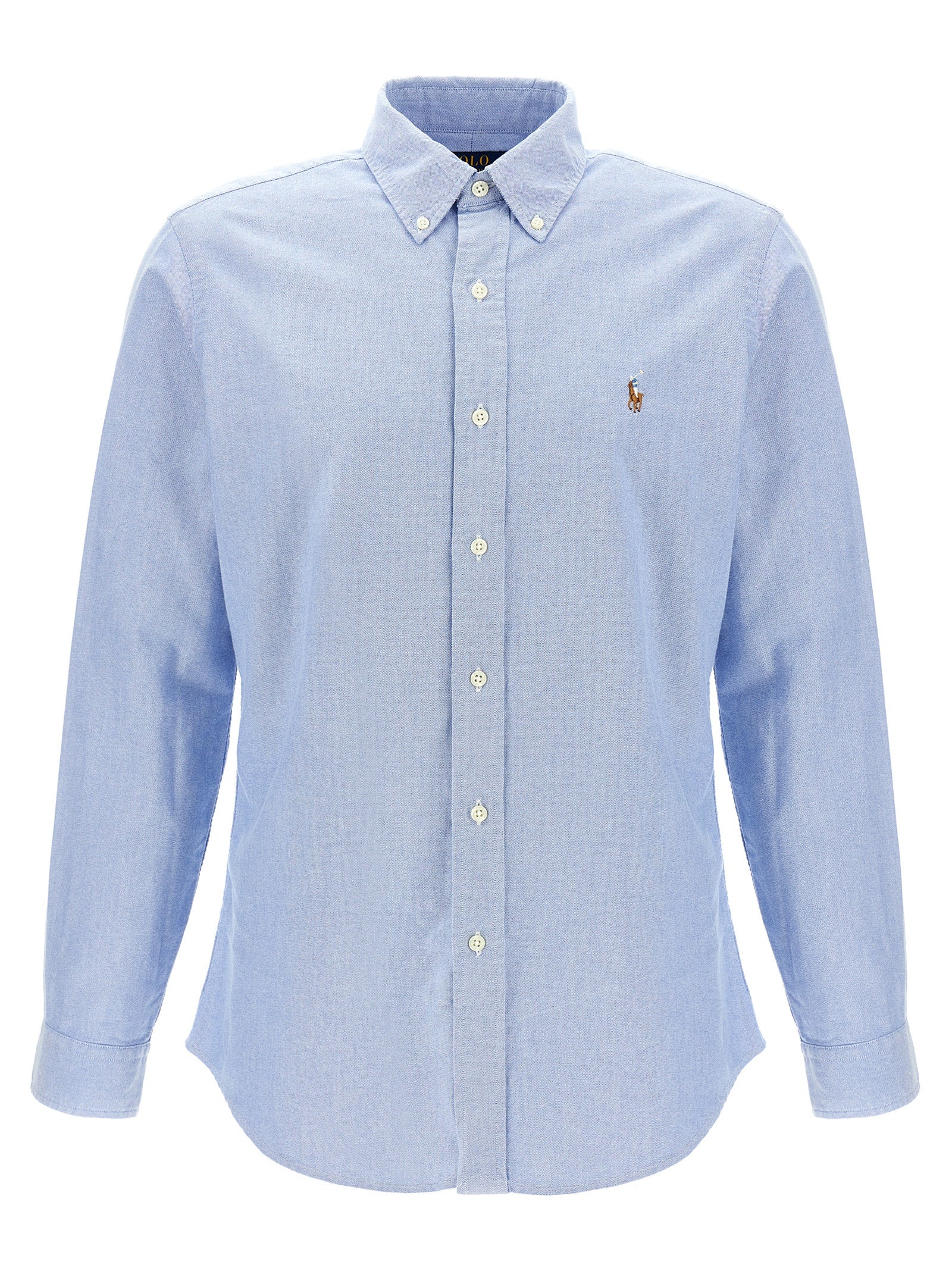 Chemise en coton bleu Polo Ralph Lauren, blouse élégante avec col classique et manches longues, vue de face.