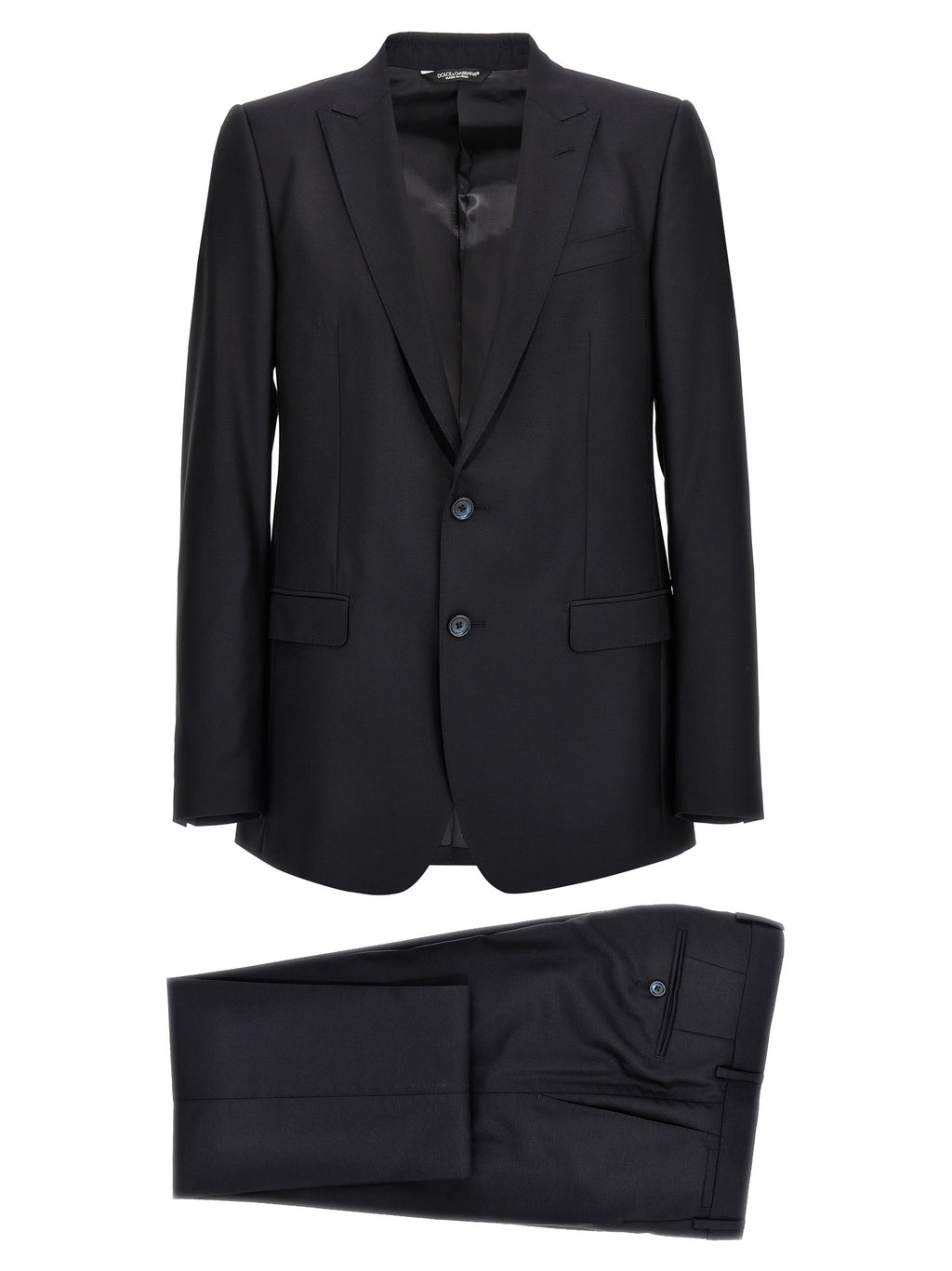 Costume deux pièces en laine vierge bleue Dolce & Gabbana, veste et pantalon élégants, pour homme, porté sur un mannequin.