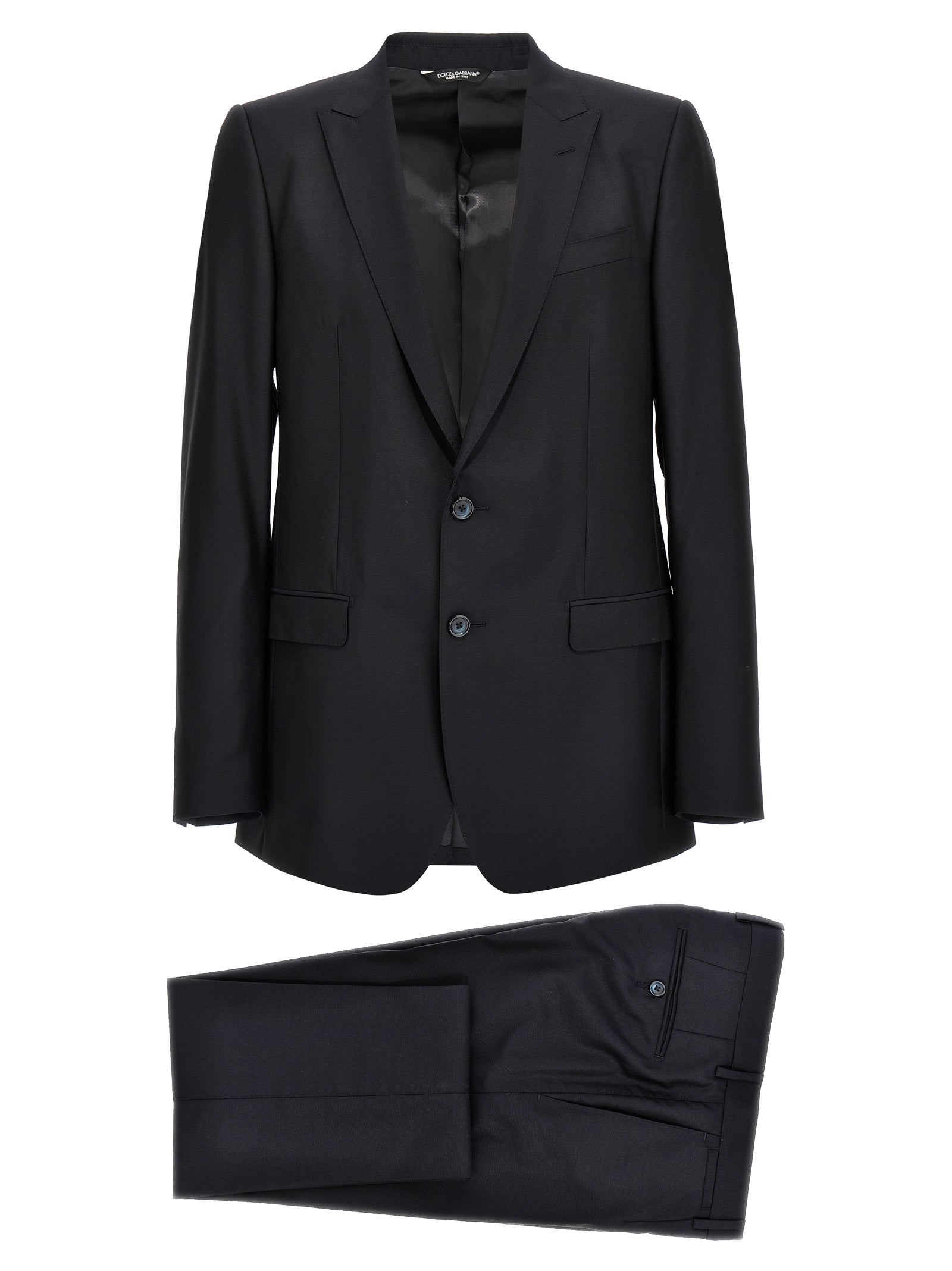 Costume deux pièces en laine vierge bleue Dolce & Gabbana, veste et pantalon élégants, pour homme, porté sur un mannequin.