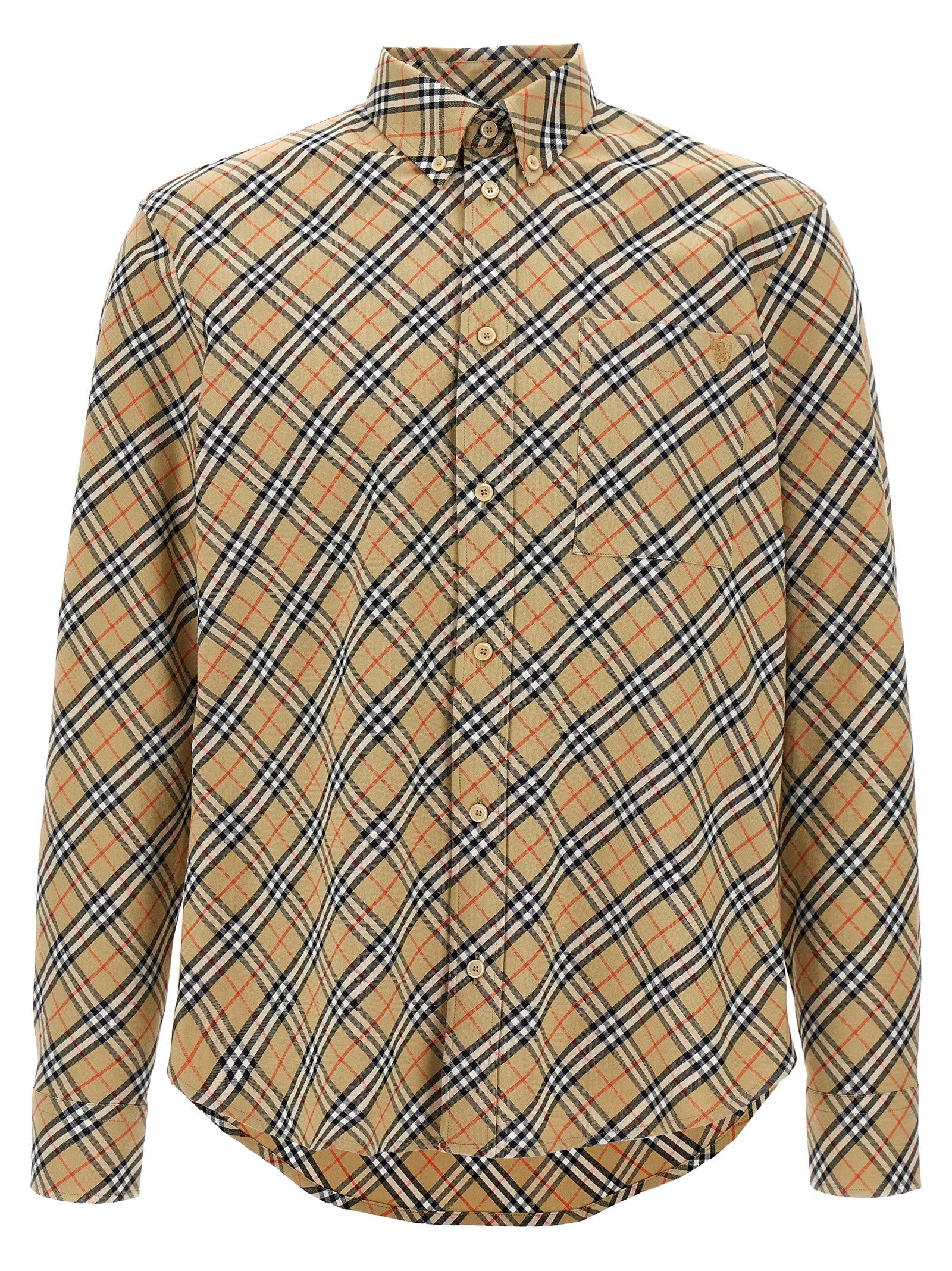 Chemise en coton beige Burberry, style élégant, boutons visibles et col classique, tissu léger et raffiné.
