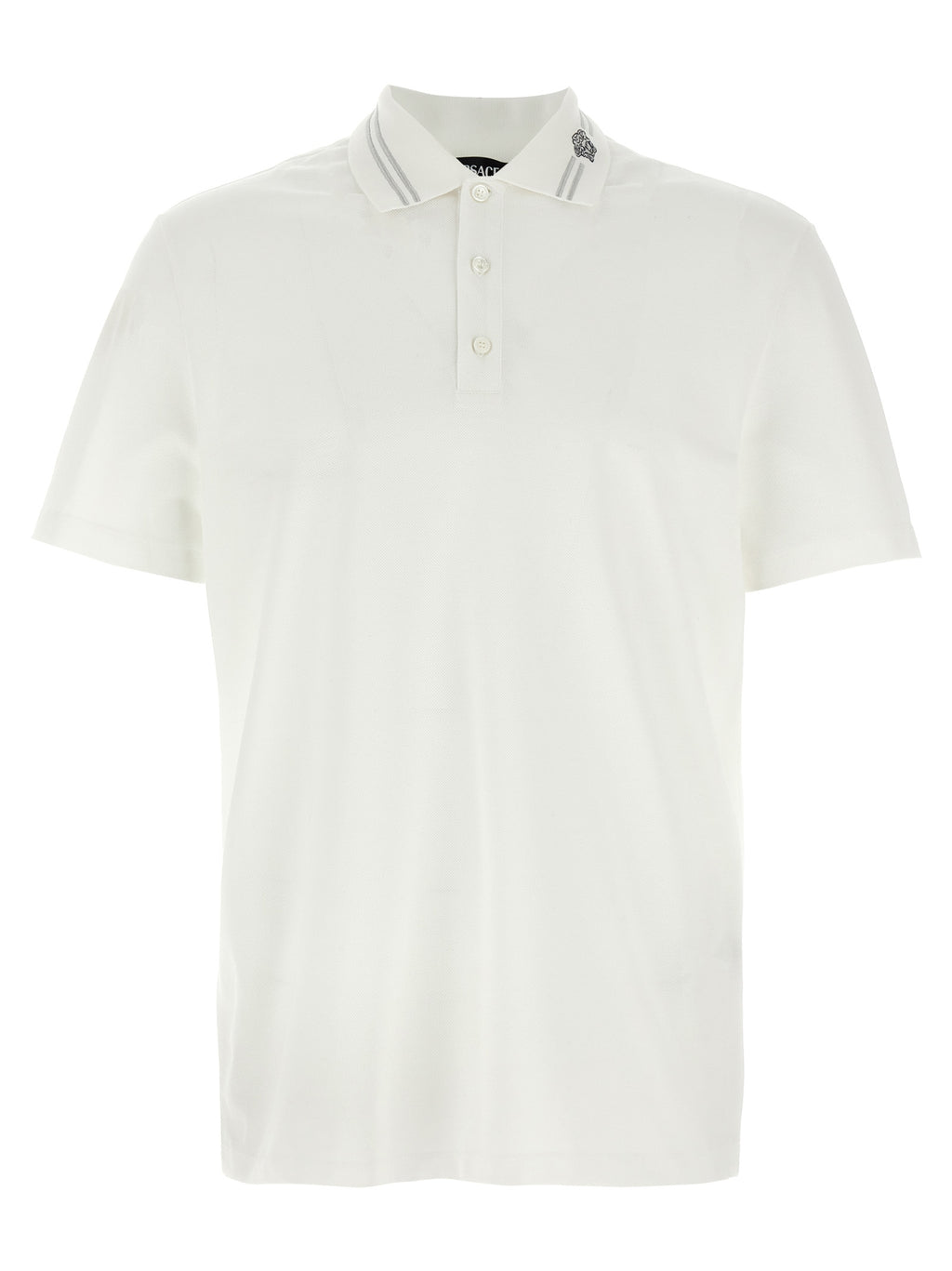 Chemise polo blanche en coton Versace, vue de face, avec logo emblématique sur la poitrine.
