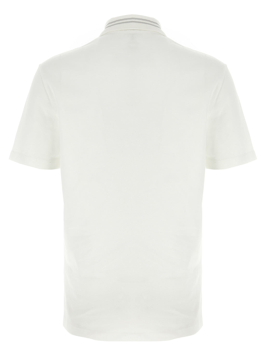 Chemise polo blanche en coton de Versace, vue de face, avec logo emblématique visible, style élégant et classique.