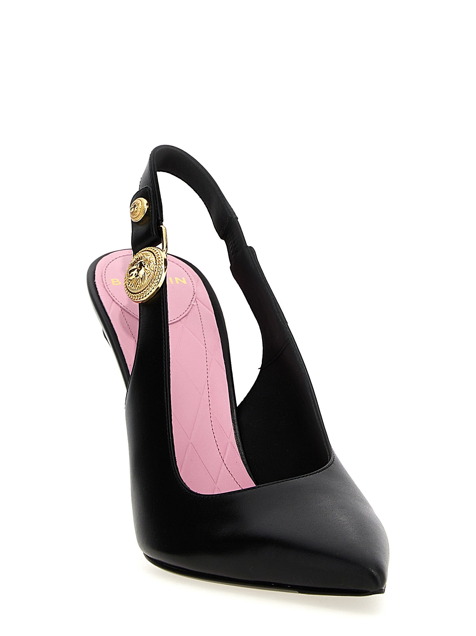 Escarpins noirs en cuir de veau Balmain avec talons hauts élégants, vue de face sur fond blanc.