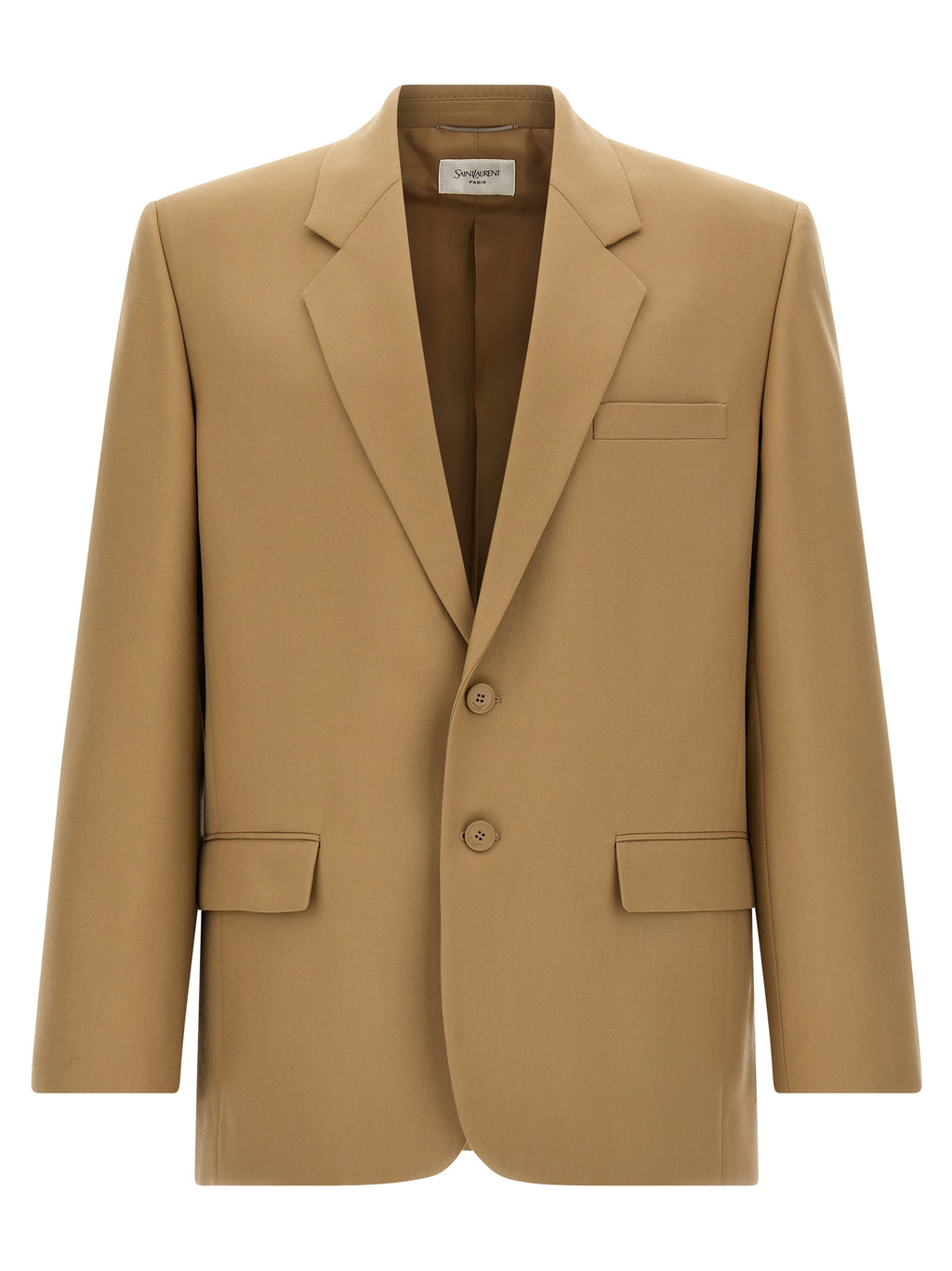 Blazer en laine beige Saint Laurent porté, détail élégant avec col classique et coupe ajustée, mode sophistiquée pour homme ou femme.