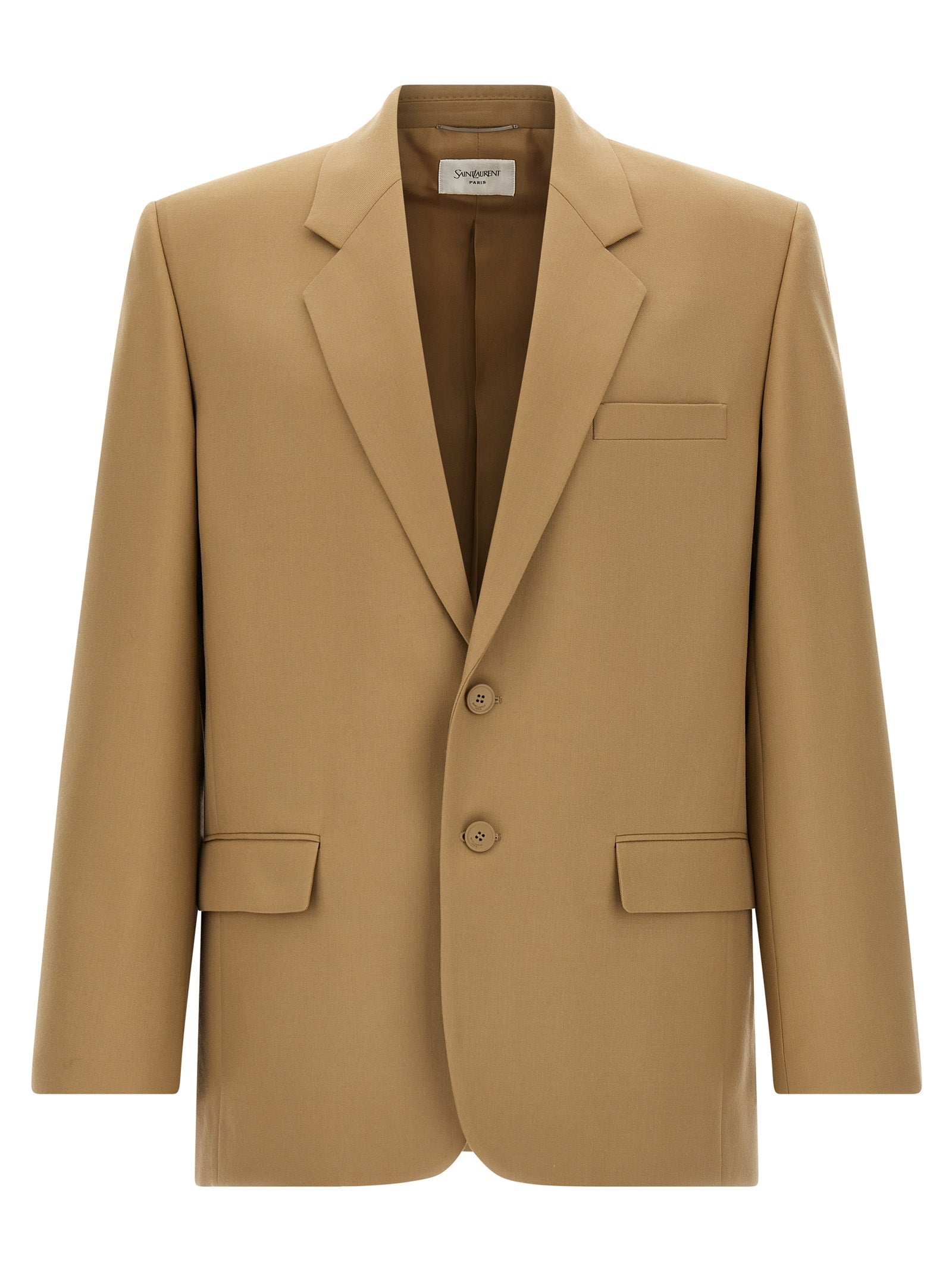 Blazer en laine beige Saint Laurent porté, détail élégant avec col classique et coupe ajustée, mode sophistiquée pour homme ou femme.