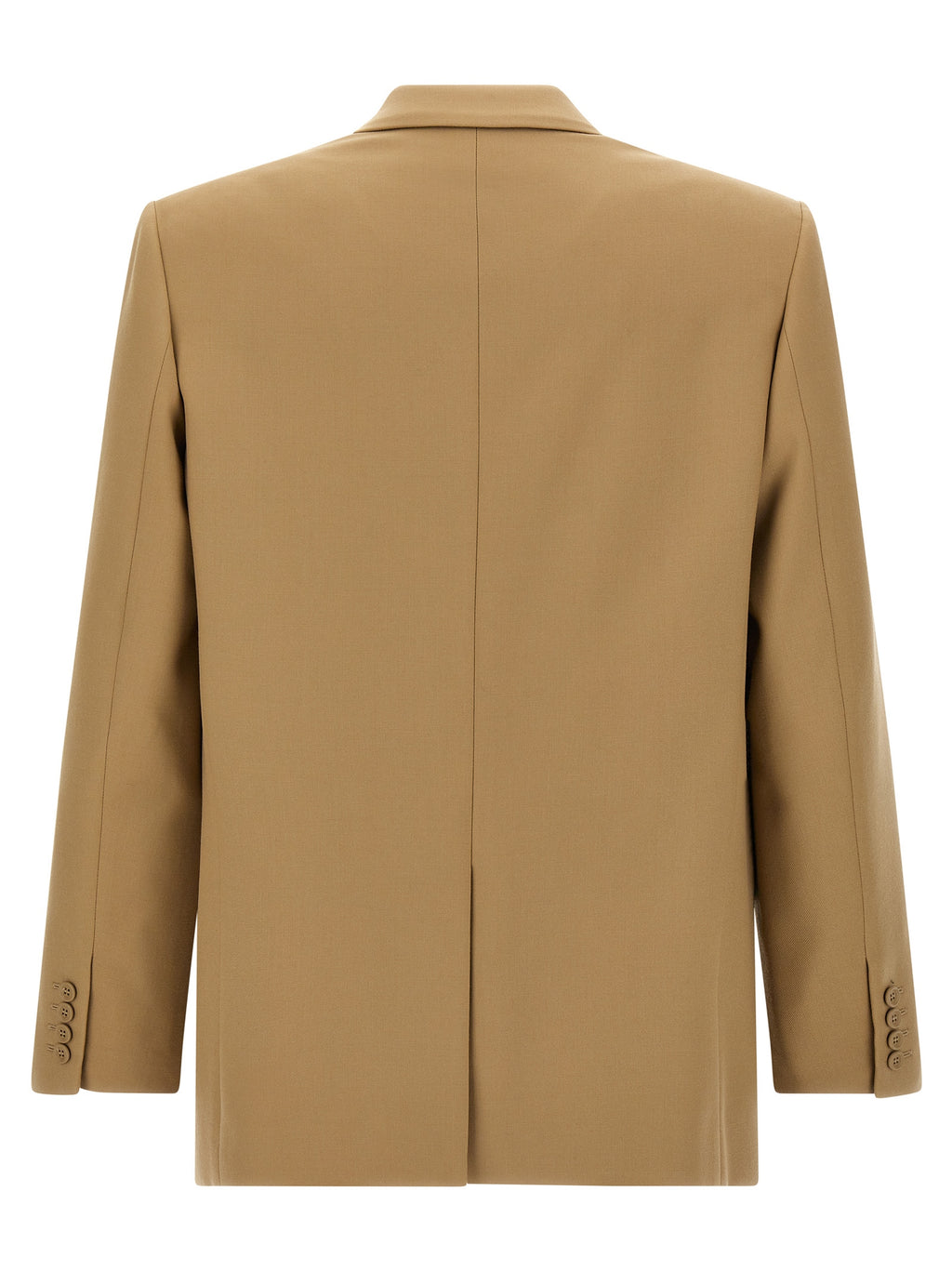 Veste en laine beige de Saint Laurent, coupe élégante, portée sur un mannequin, détails de couture visibles.
