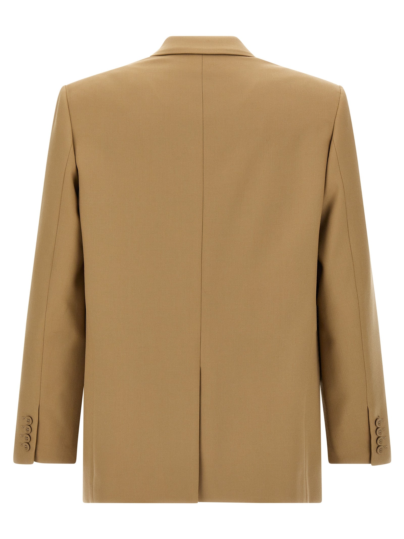 Veste en laine beige de Saint Laurent, coupe élégante, portée sur un mannequin, détails de couture visibles.