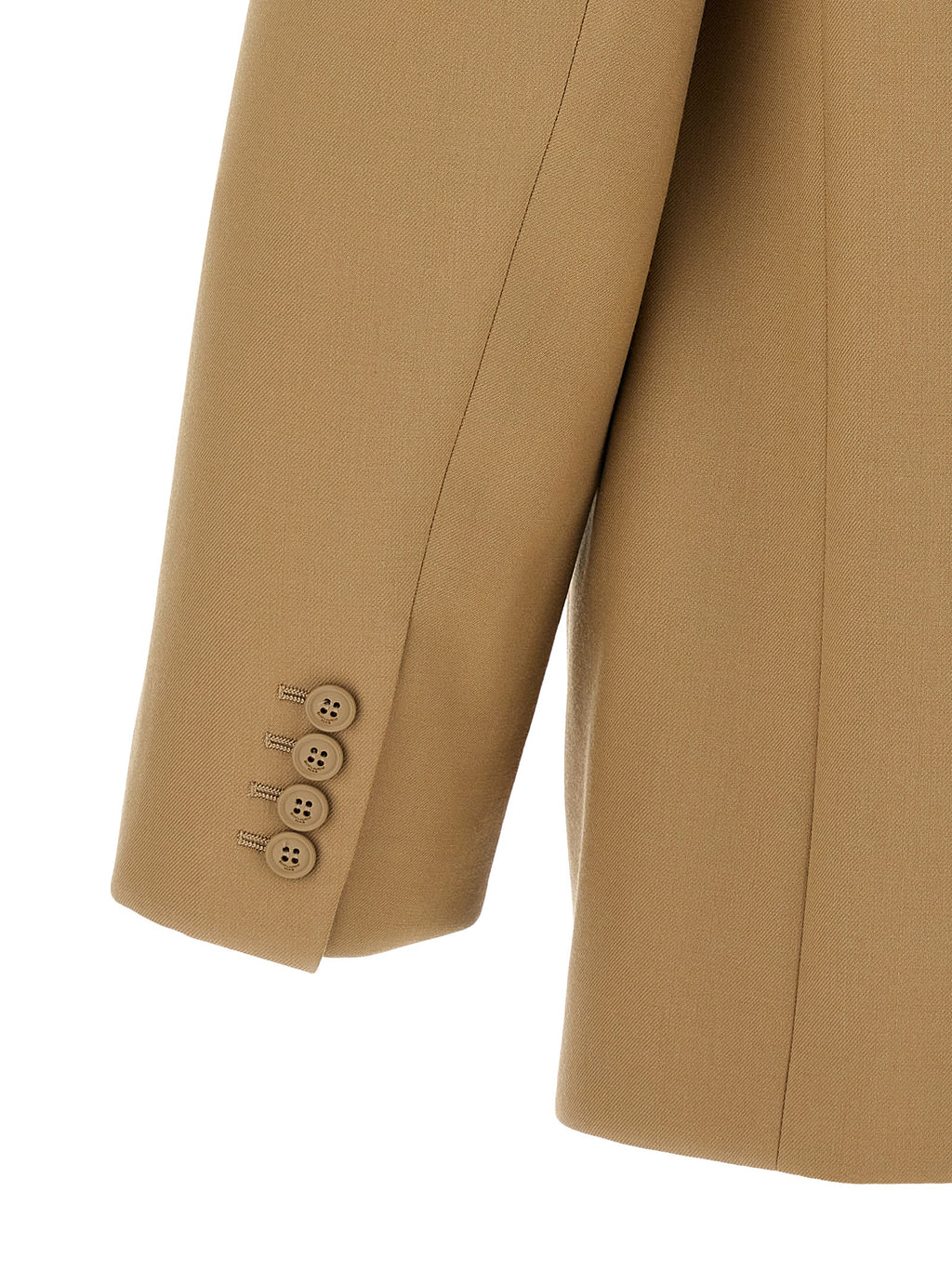 Blazer en laine beige Saint Laurent pour homme, ajusté, avec revers classiques et poches latérales, porté sur un mannequin.