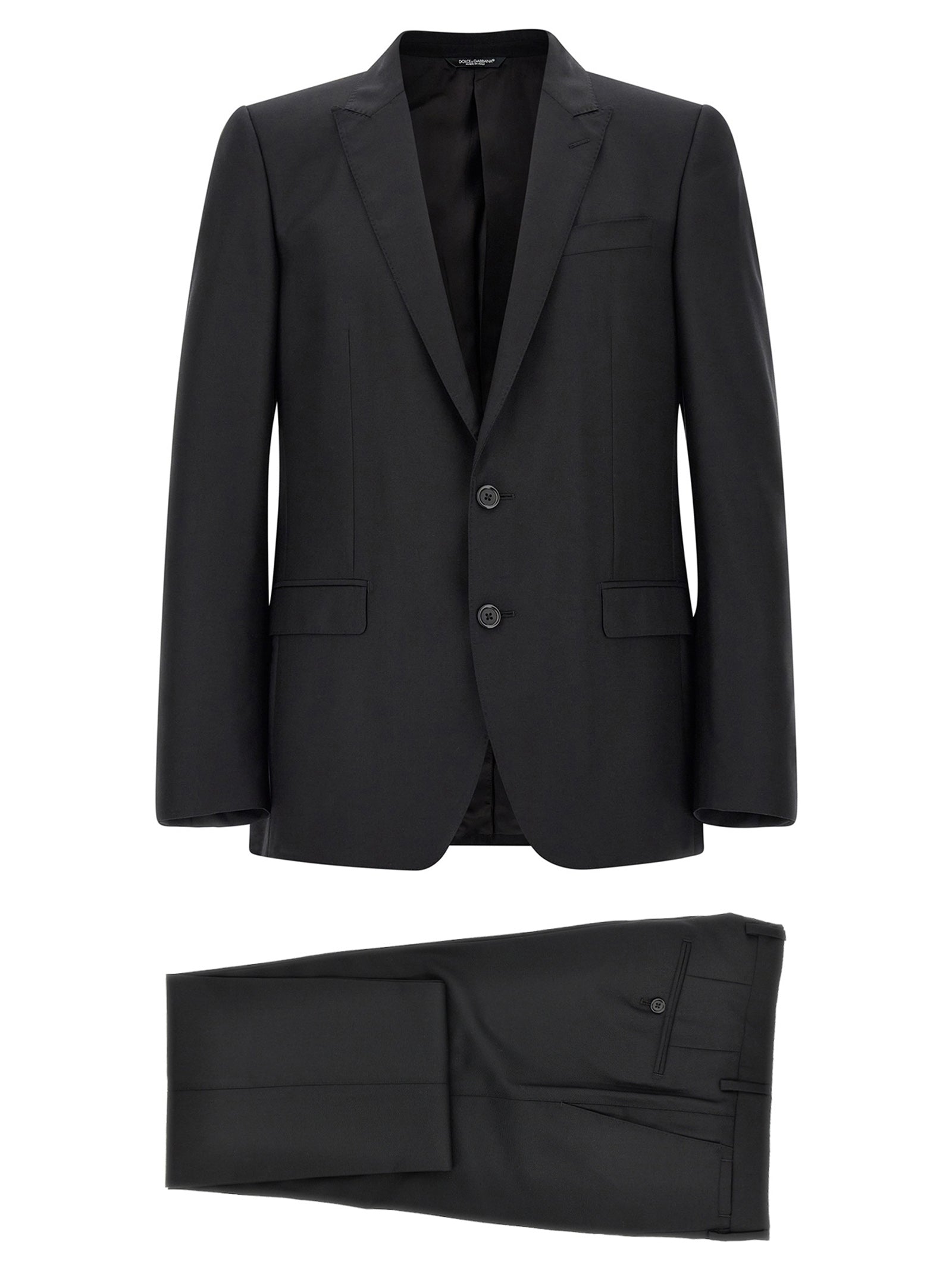 Costume deux pièces en laine vierge noire Dolce & Gabbana, veste et pantalon élégants pour homme.