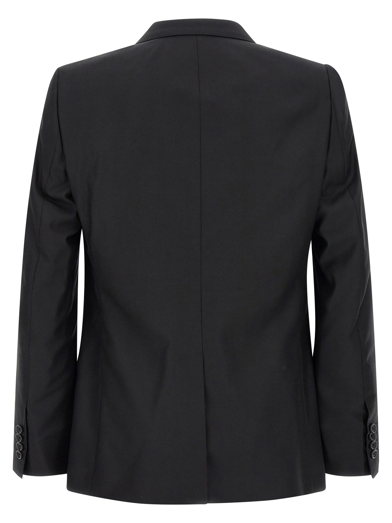 Costume deux pièces en laine vierge noire de Dolce & Gabbana, veste et pantalon élégants, mode masculine sophistiquée.
