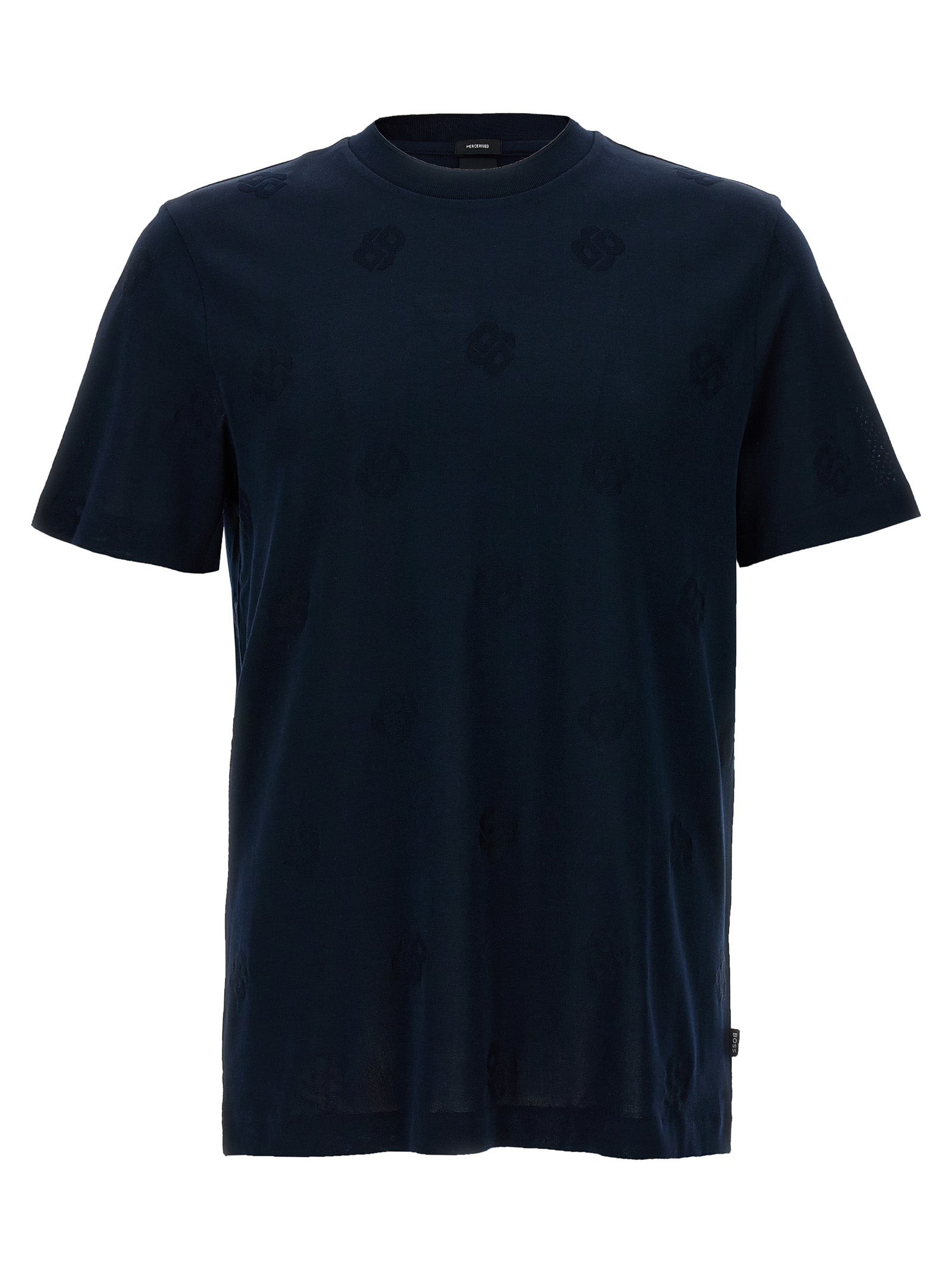 T-shirt en coton bleu Hugo Boss, vêtement décontracté avec logo discreet, porté sur mannequin.