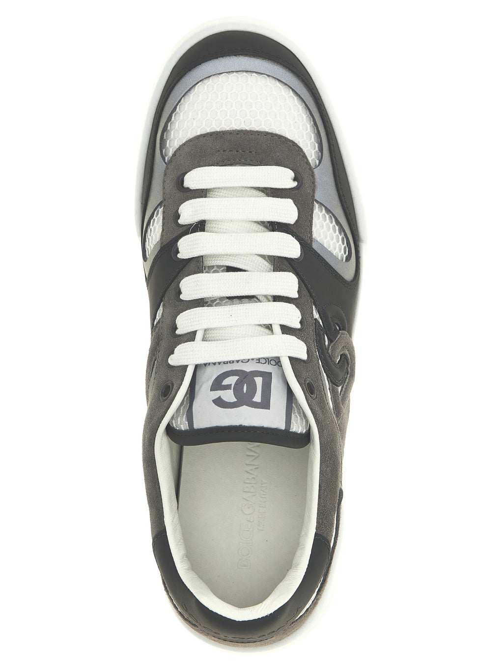 Sneakers athlétiques en cuir de veau gris de Dolce & Gabbana, chaussures de sport élégantes pour homme.