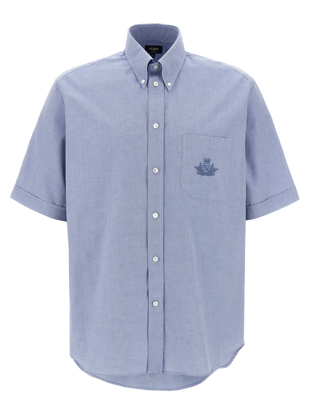 Chemise bleue en coton de la marque Fendi, vue de face, avec détails de la texture et du col.