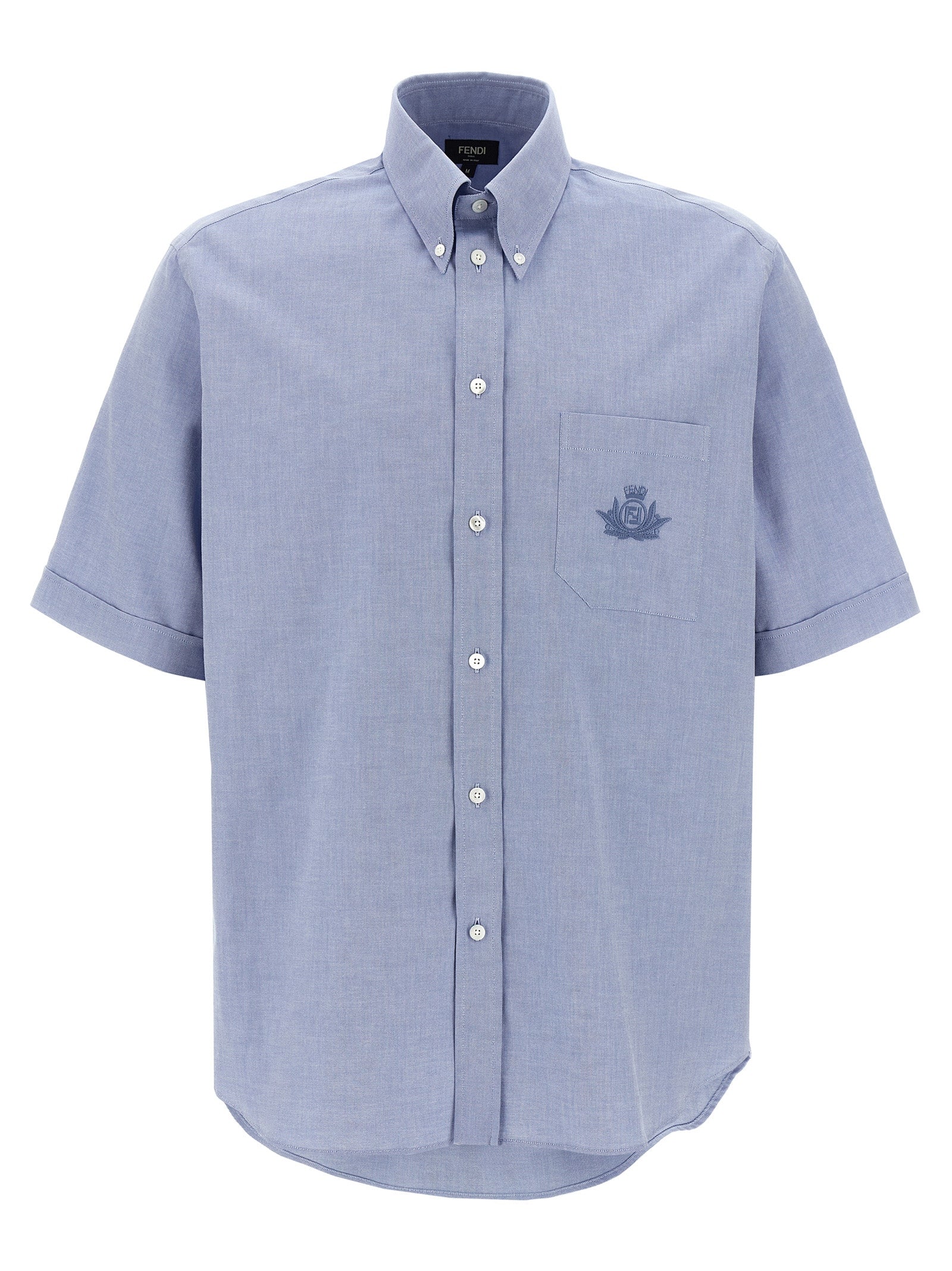 Chemise bleue en coton de la marque Fendi, vue de face, avec détails de la texture et du col.