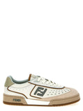 Chaussures Fendi en cuir beige pour hommes, baskets élégantes avec logo Fendi visible, semelle blanche et design sophistiqué.