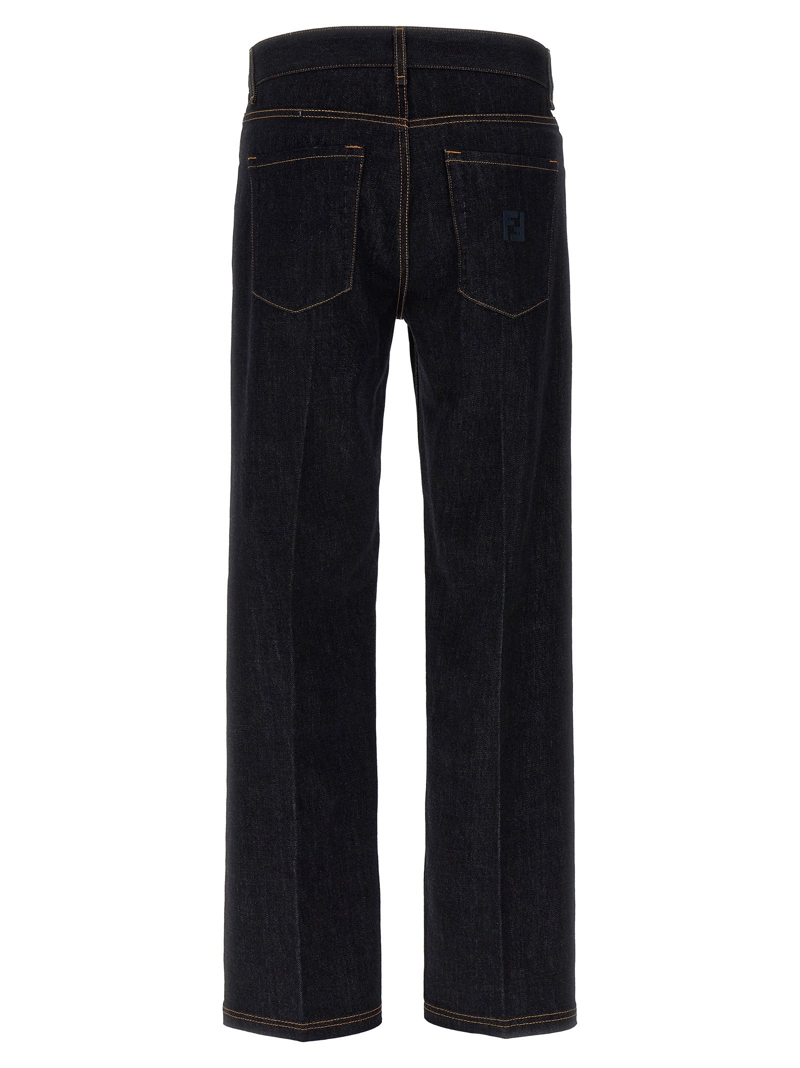 Jeans Fendi en coton bleu à jambes droites, coupe classique, visibles avec détails de couture et ceinture.